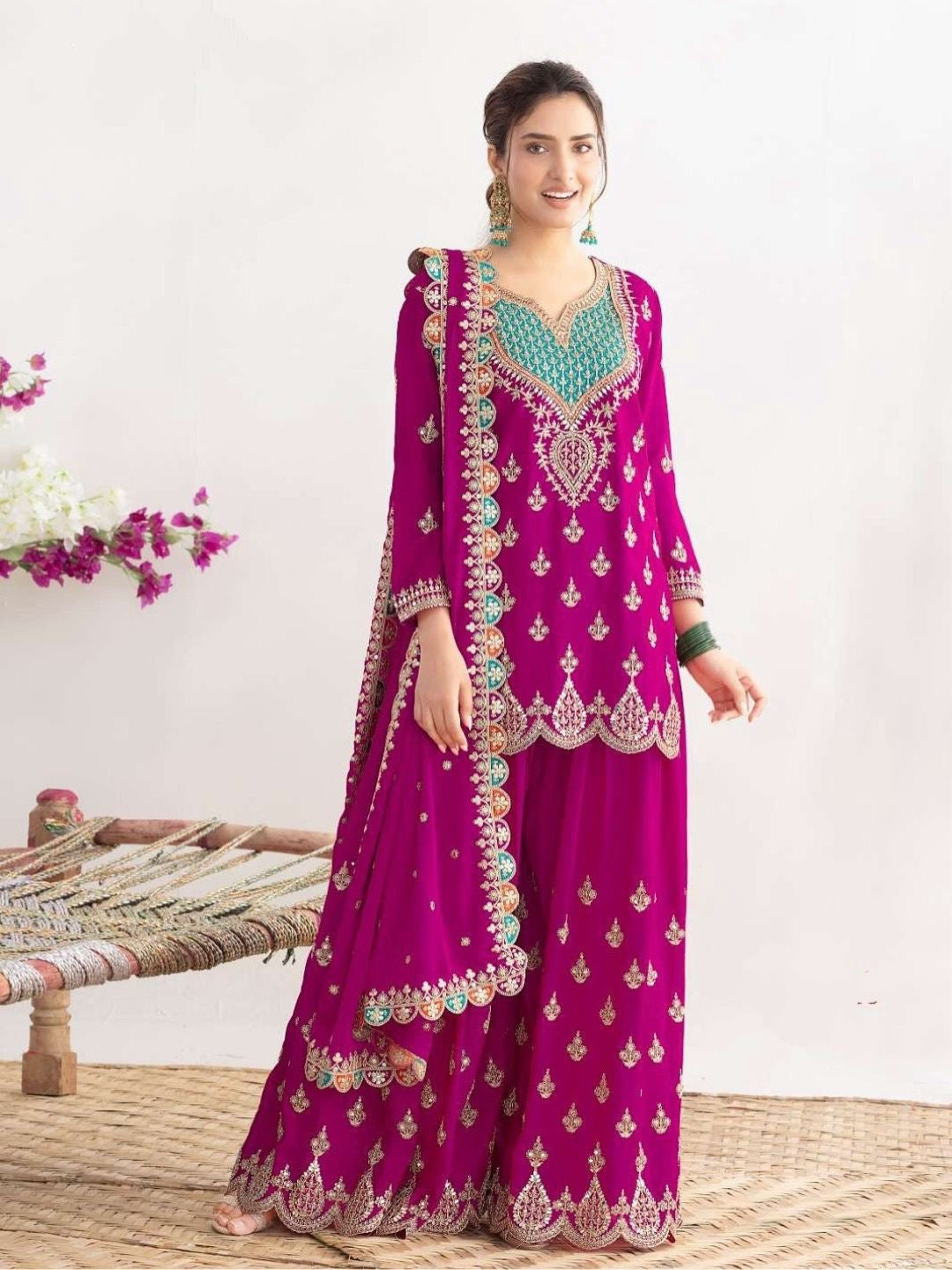 Designer Party Wear Chinon Silk Sharara Suit Set with Embroidery | Fully Stitched