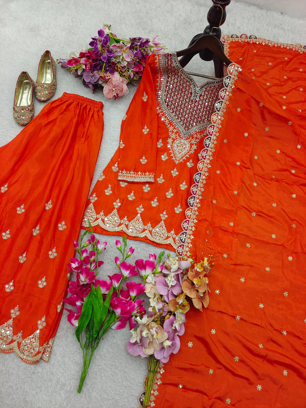 Designer Party Wear Chinon Silk Sharara Suit Set with Embroidery | Fully Stitched