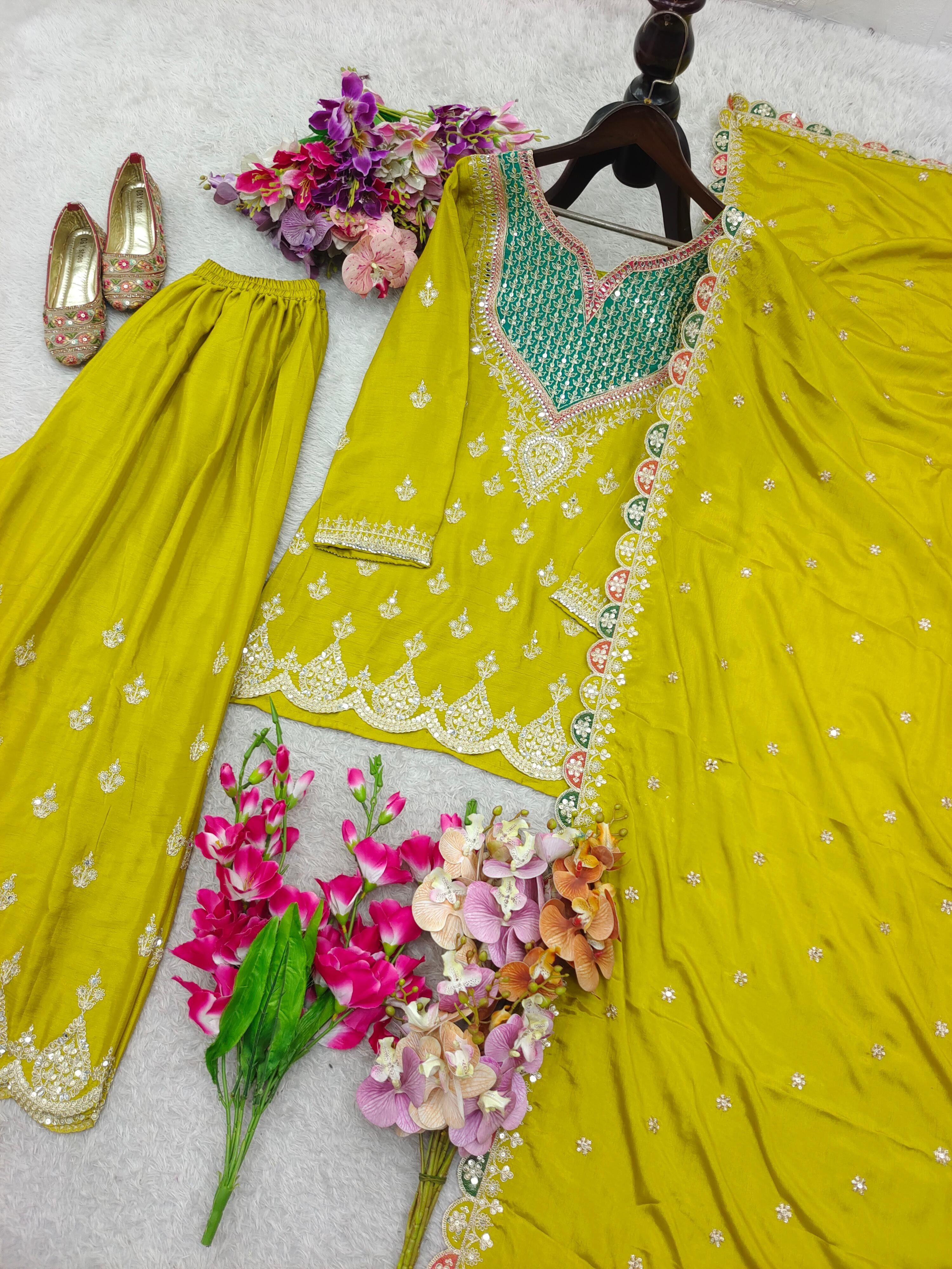 Designer Party Wear Chinon Silk Sharara Suit Set with Embroidery | Fully Stitched