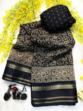 Soft Cotton Silk Ajrakh Design Saree with Contrast Zari Border