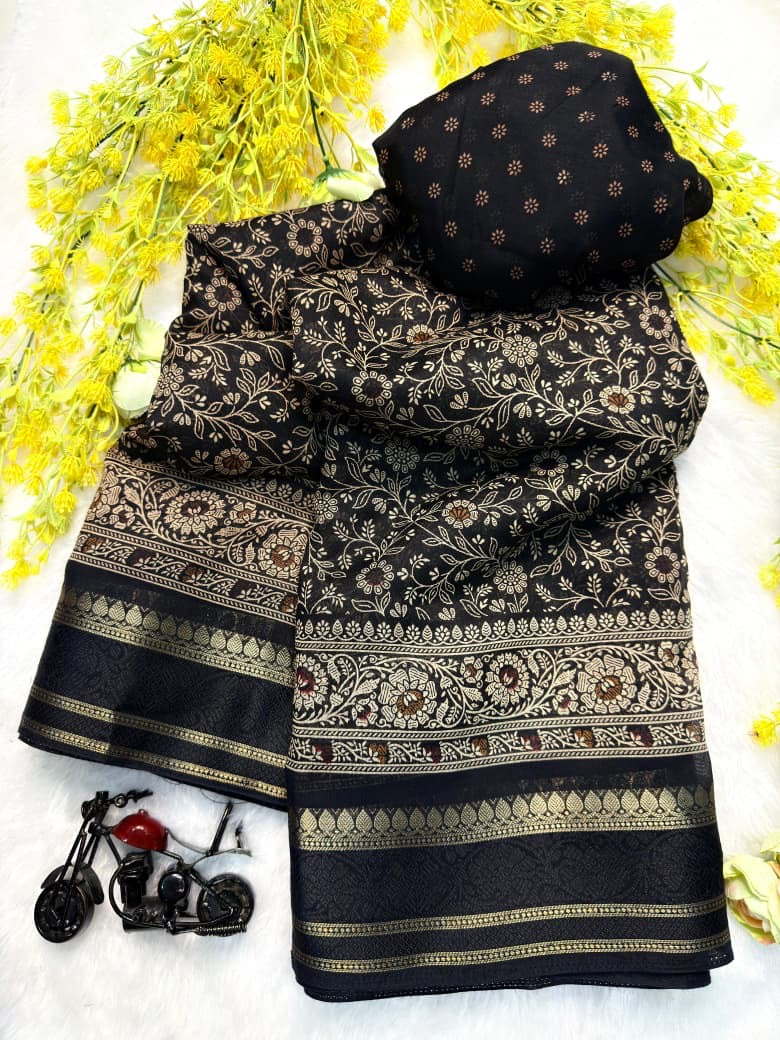 Soft Cotton Silk Ajrakh Design Saree with Contrast Zari Border