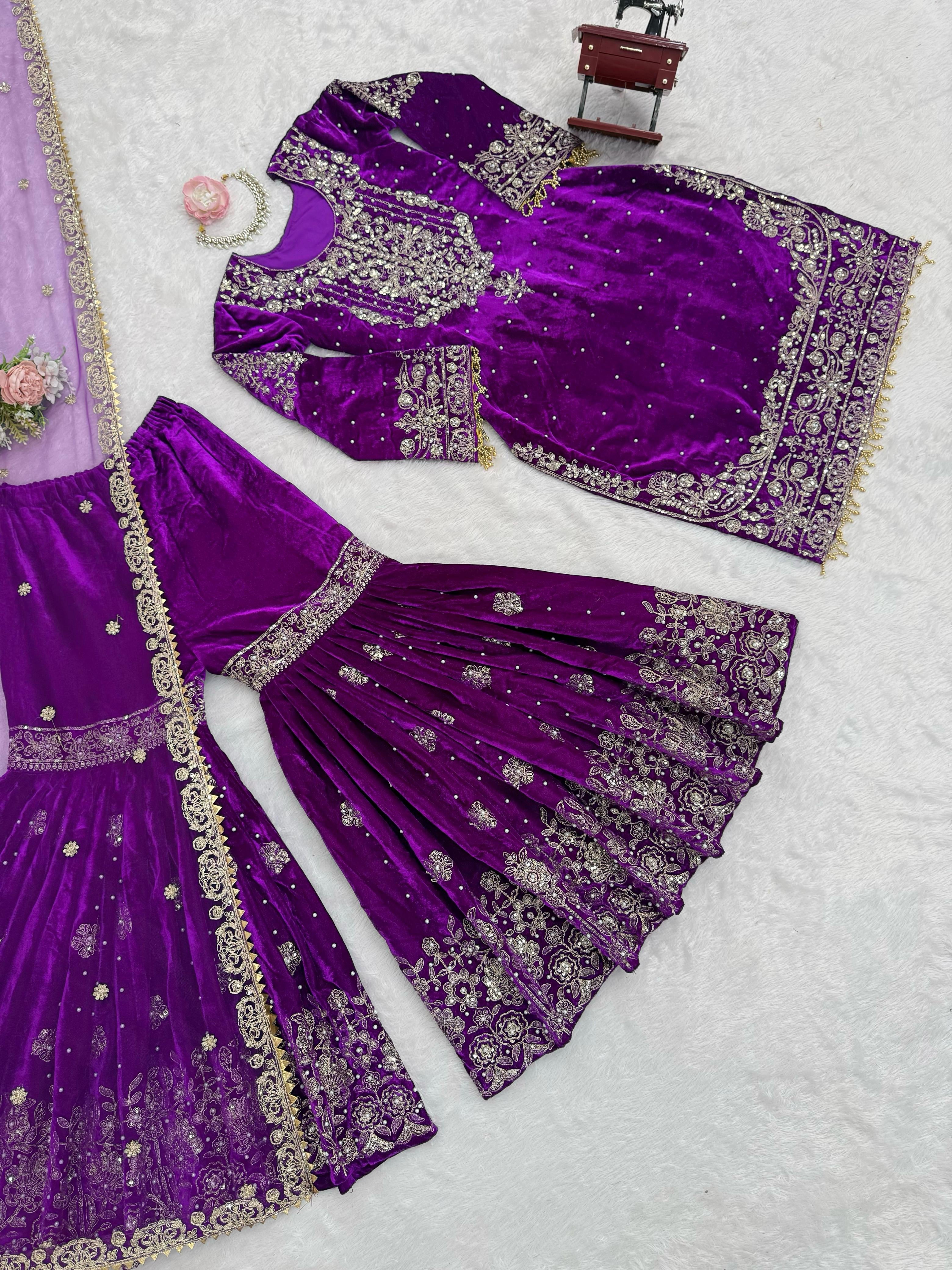 Velvet Embroidered Sharara Set