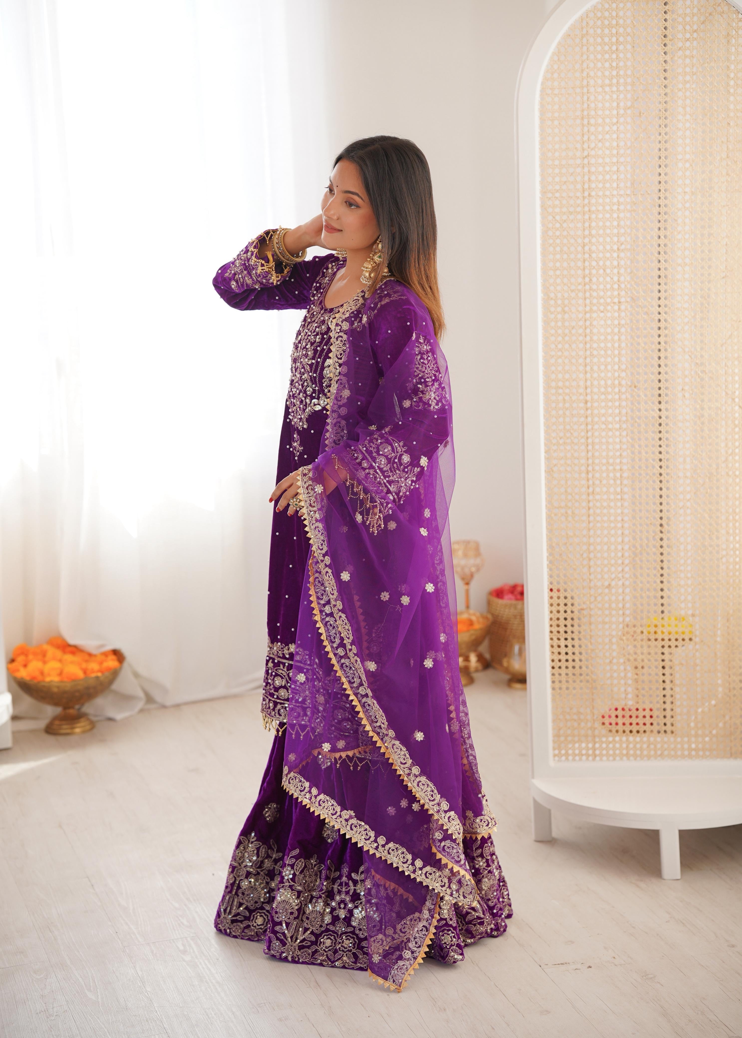 Velvet Embroidered Sharara Set