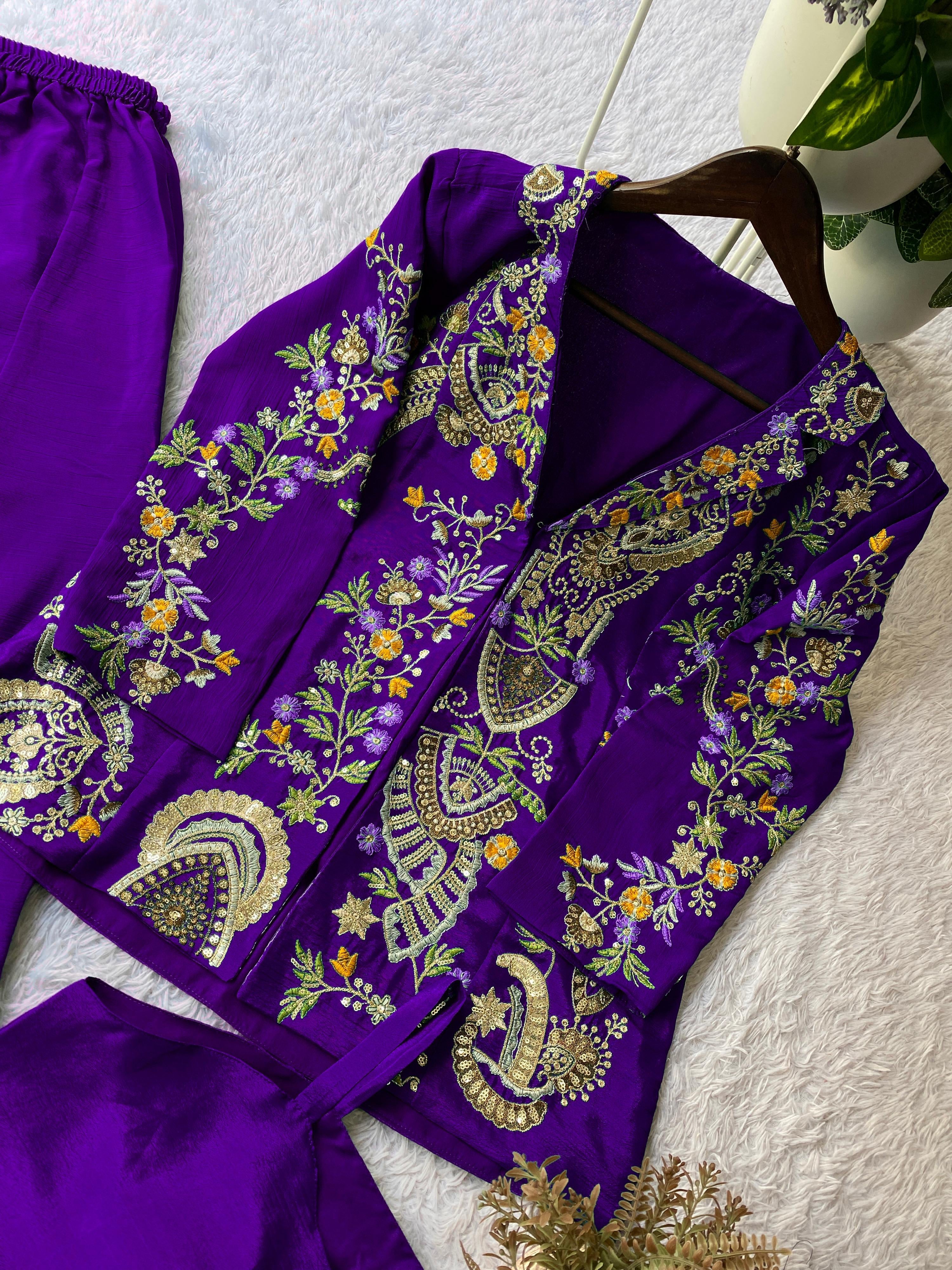 Designer Chinon 3-Piece Plazzo Set with Sequin Embroidery