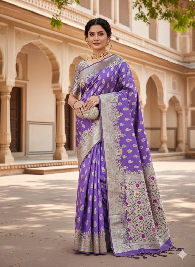 Pure Banarasi Silk Saree with Floral & Meenakari Design