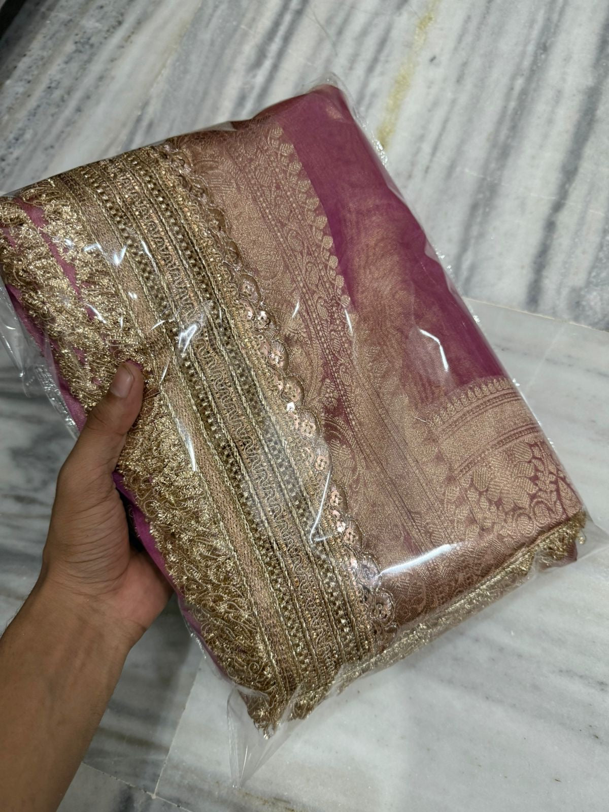 Banarasi Tissue Silk Saree with Triple Lace Border