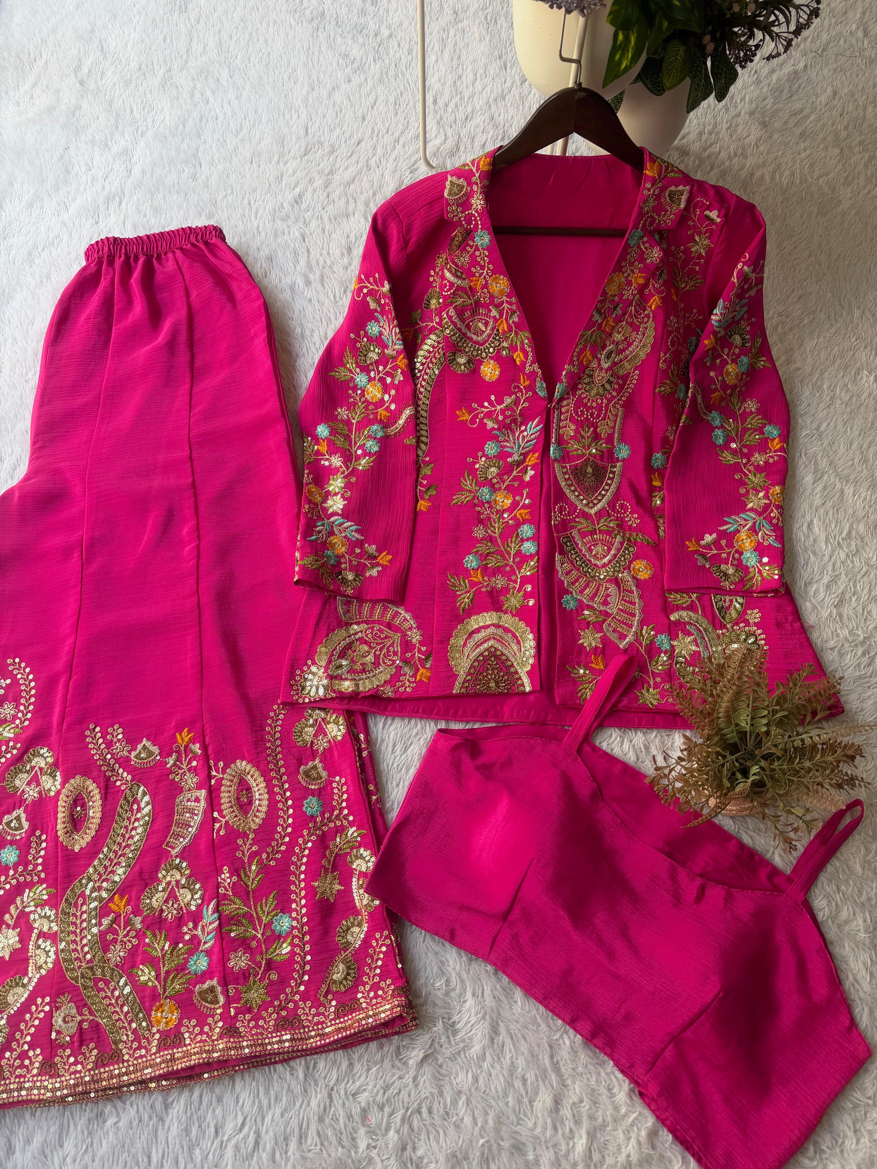 Designer Chinon 3-Piece Plazzo Set with Sequin Embroidery