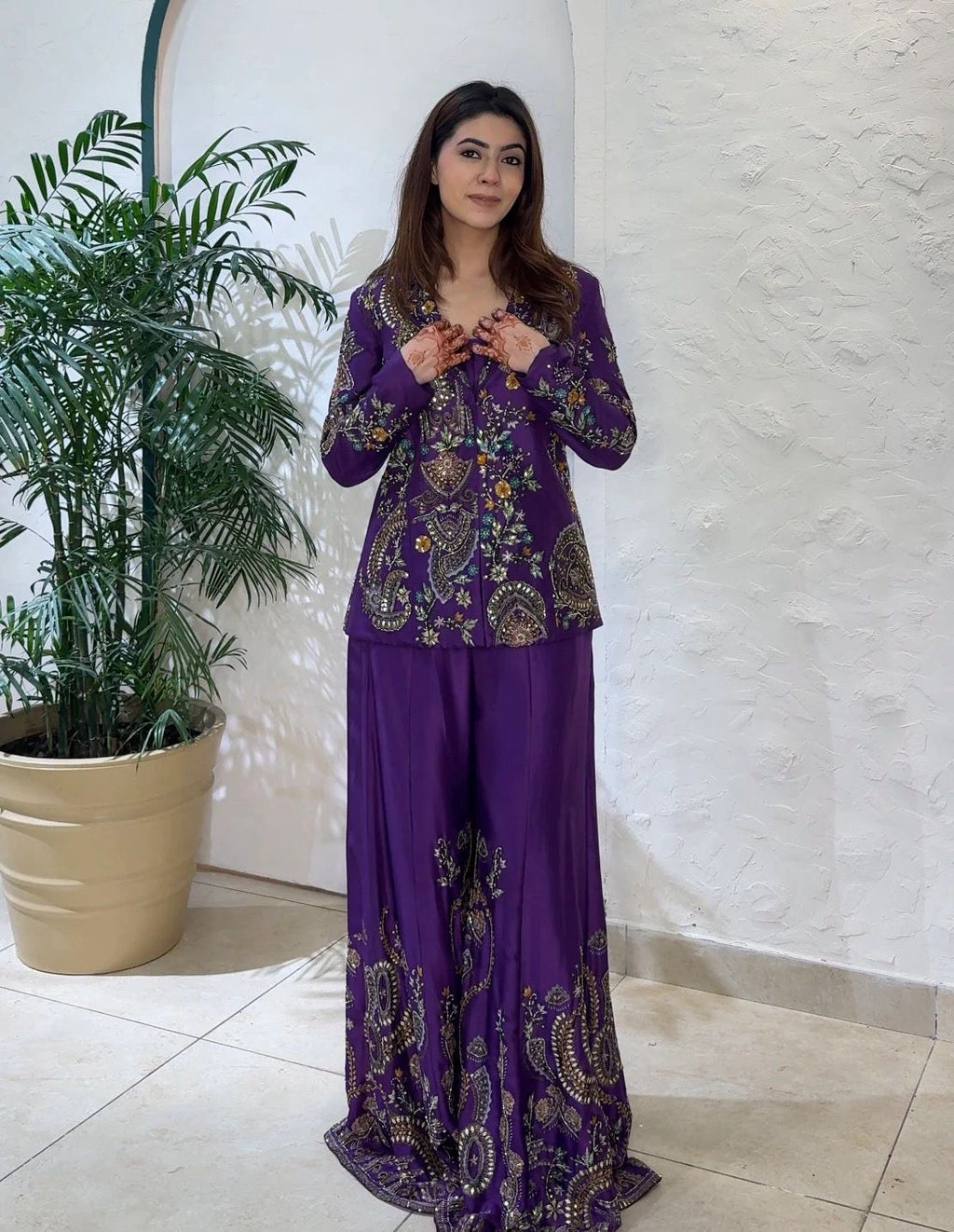 Designer Chinon 3-Piece Plazzo Set with Sequin Embroidery