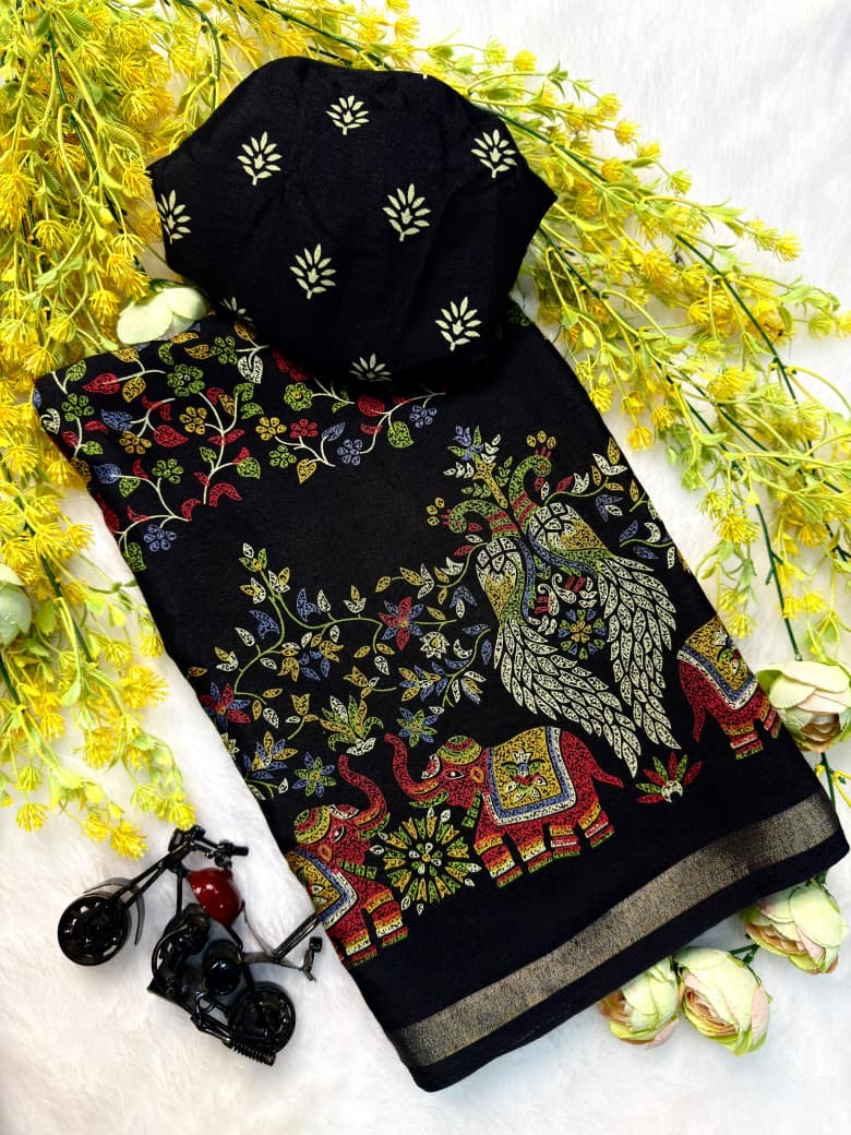 Soft Mul Mul Cotton Silk Kalamkari Saree with Zari Hamsa Border