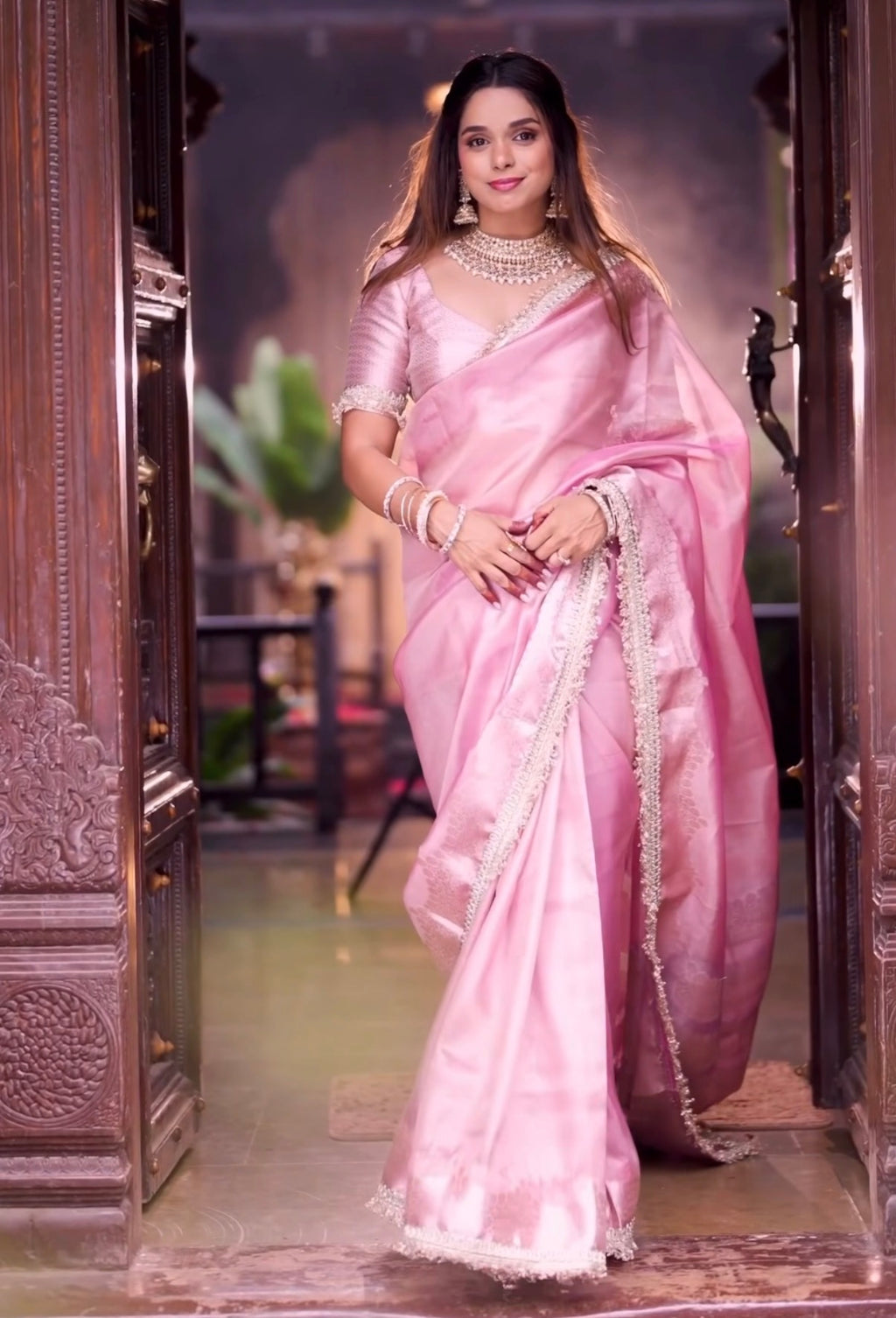 Banarasi Tissue Silk Saree with Minimal Lace – Baby Pink