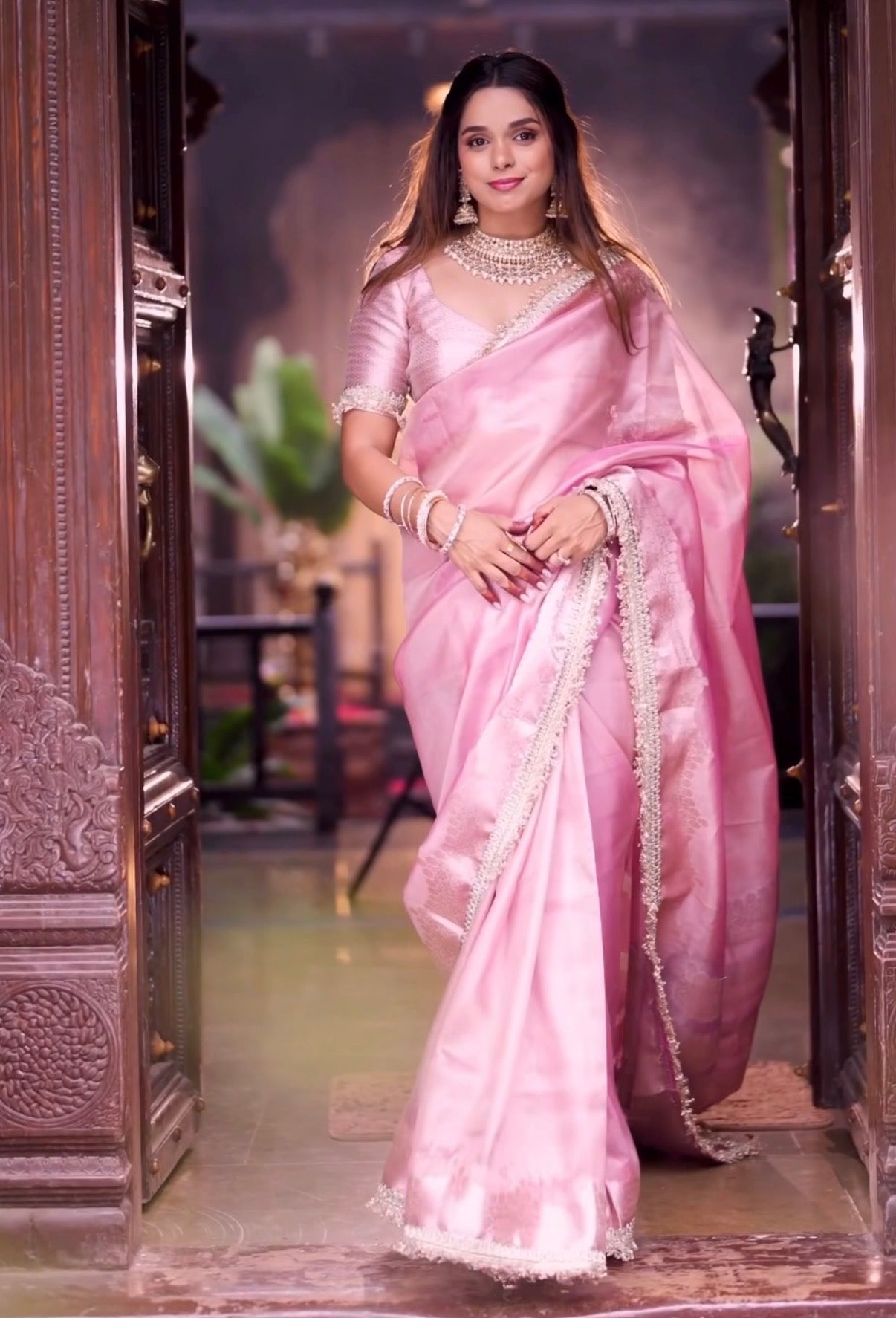 Banarasi Tissue Silk Saree with Minimal Lace – Baby Pink