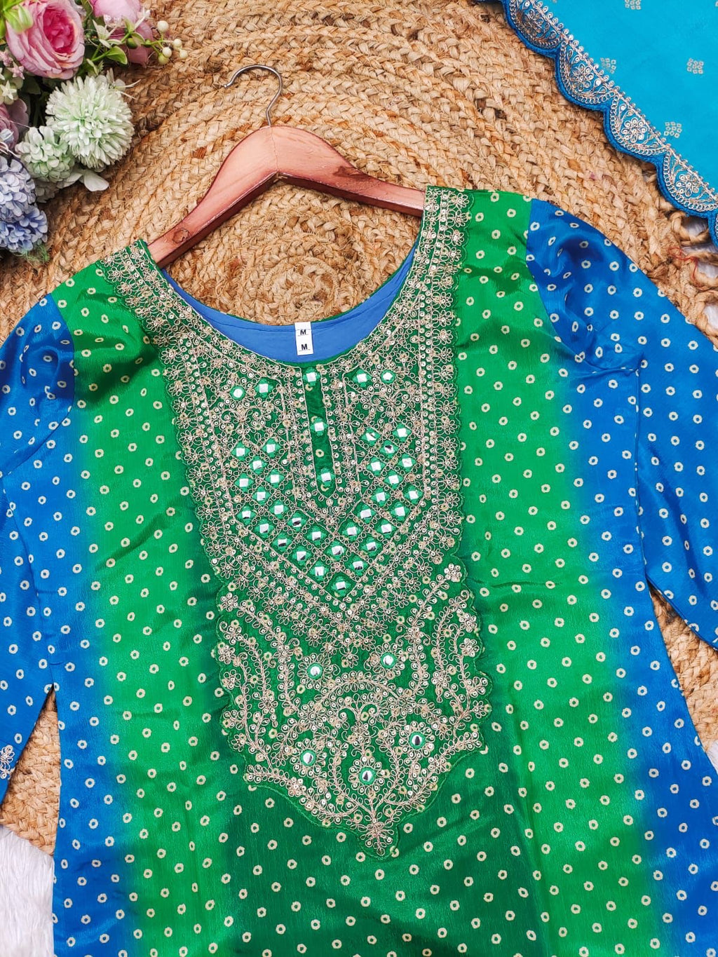 Multicolour Bandhani Print Suit Set with Mirror Work