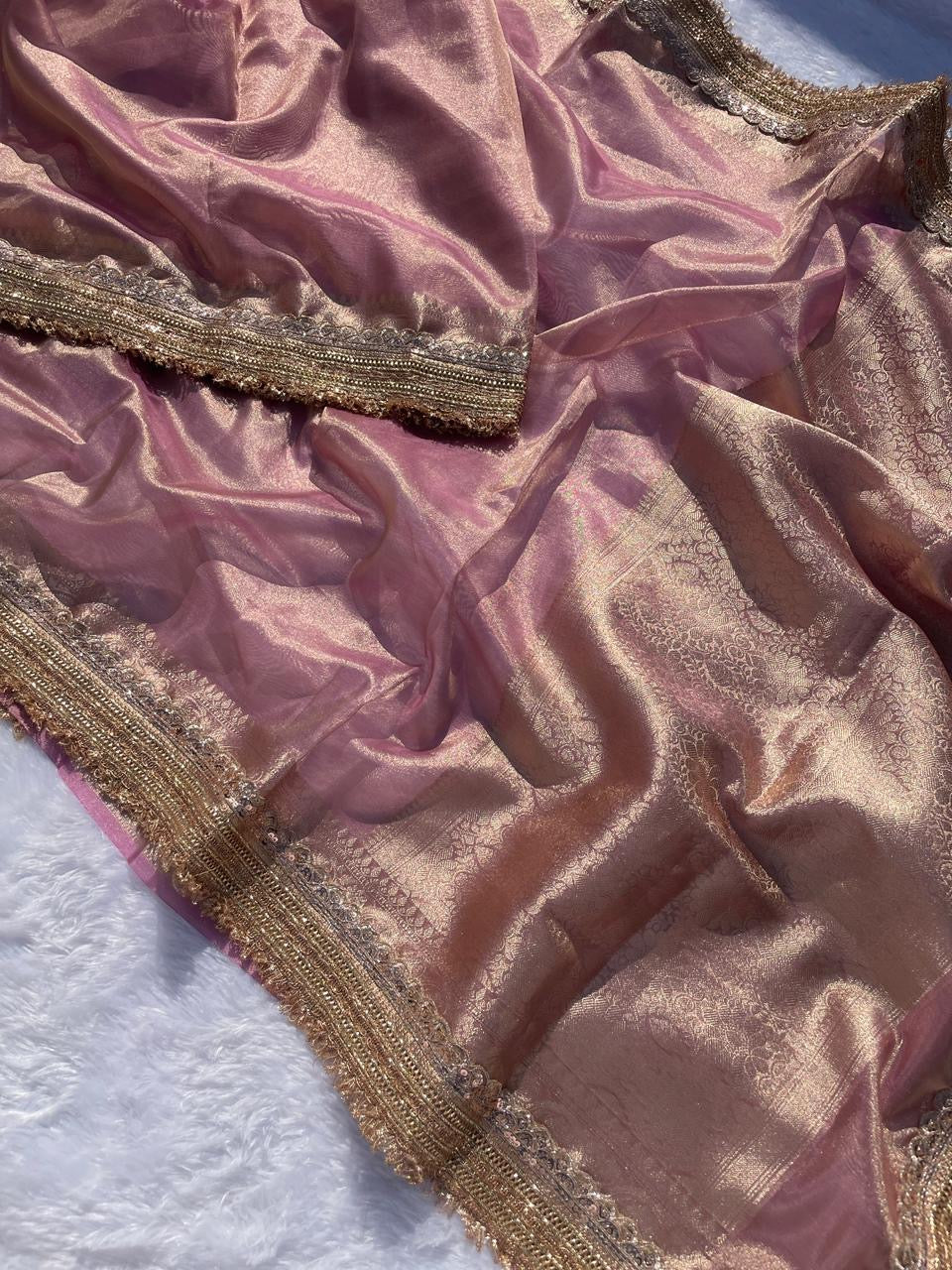 Banarasi Tissue Silk Saree with Triple Lace Border