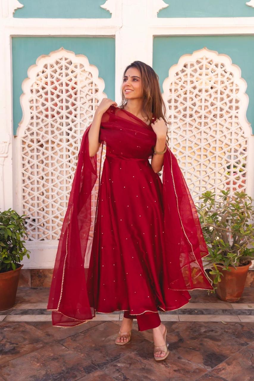 Floral Embroidered Anarkali Gown with Dupatta