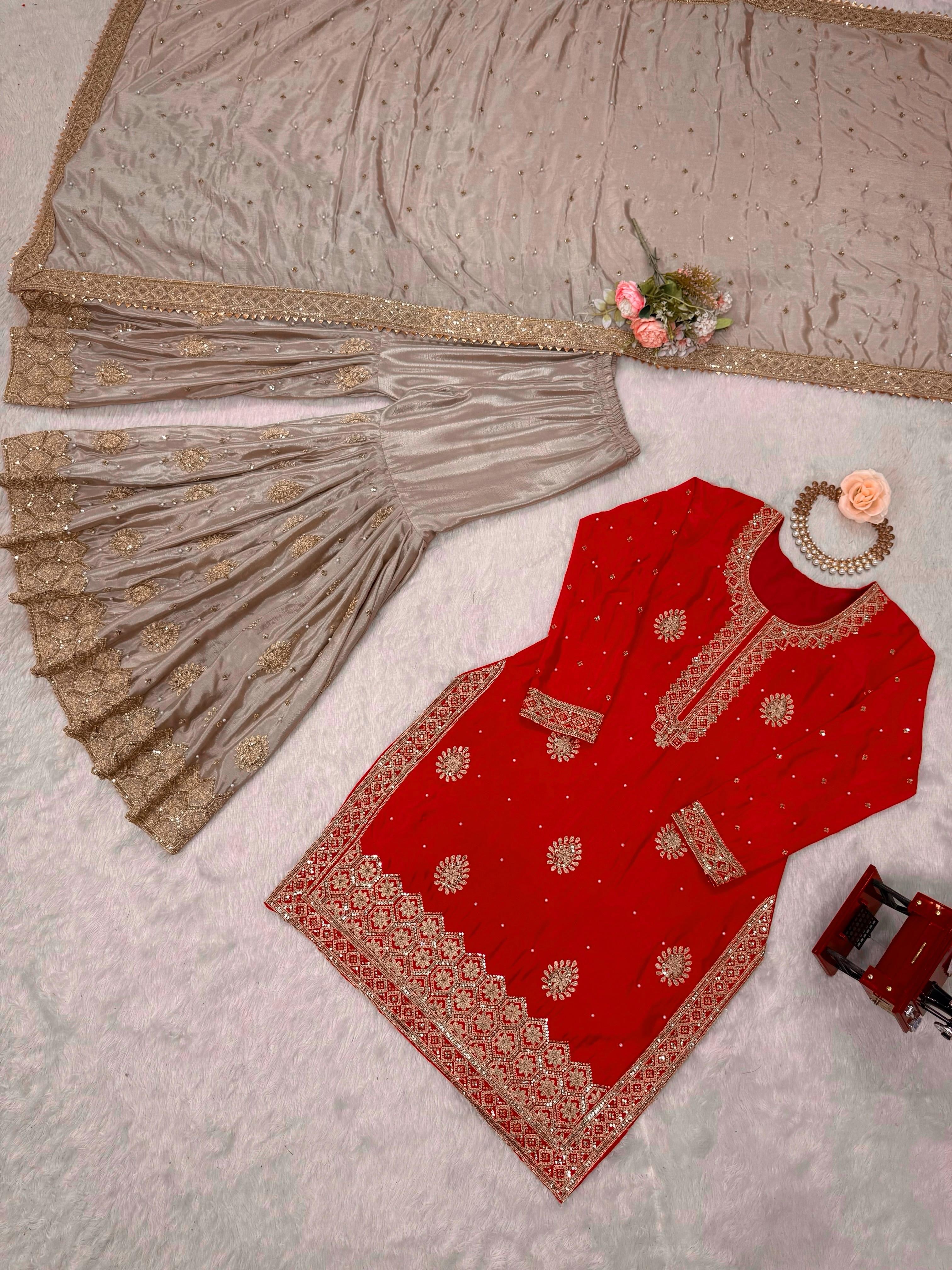 Chinon Silk Embroidered Sharara Set with Pearl & Sequin Work | 3 Piece Designer Ethnic Wear