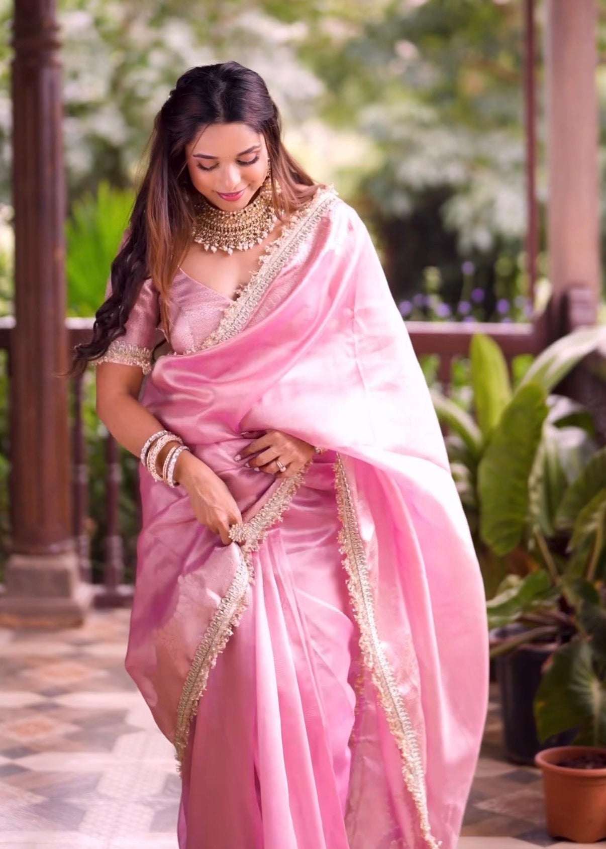 Banarasi Tissue Silk Saree with Minimal Lace – Baby Pink