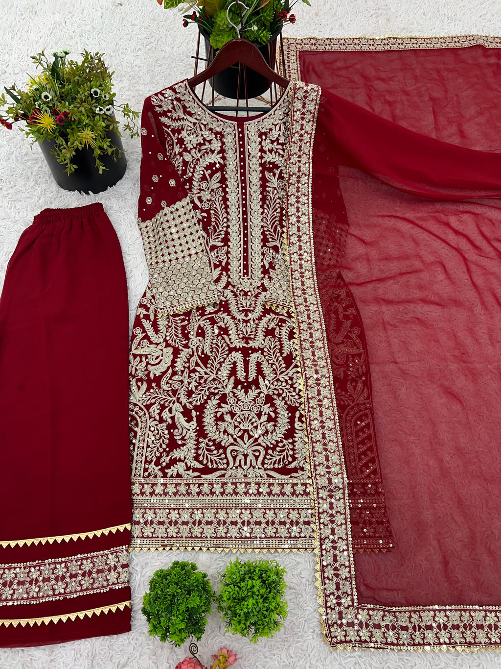 Designer Party Wear Top–Palazzo–Dupatta Set
