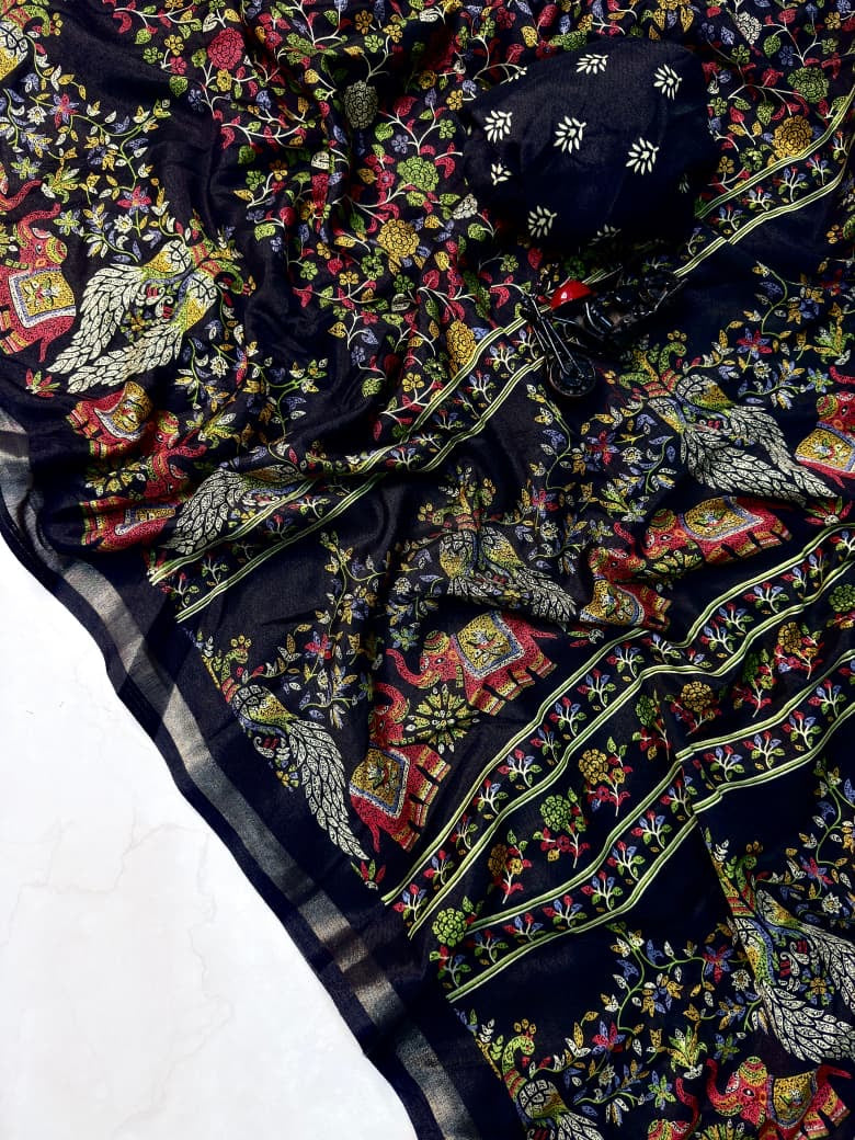 Soft Mul Mul Cotton Silk Kalamkari Saree with Zari Hamsa Border