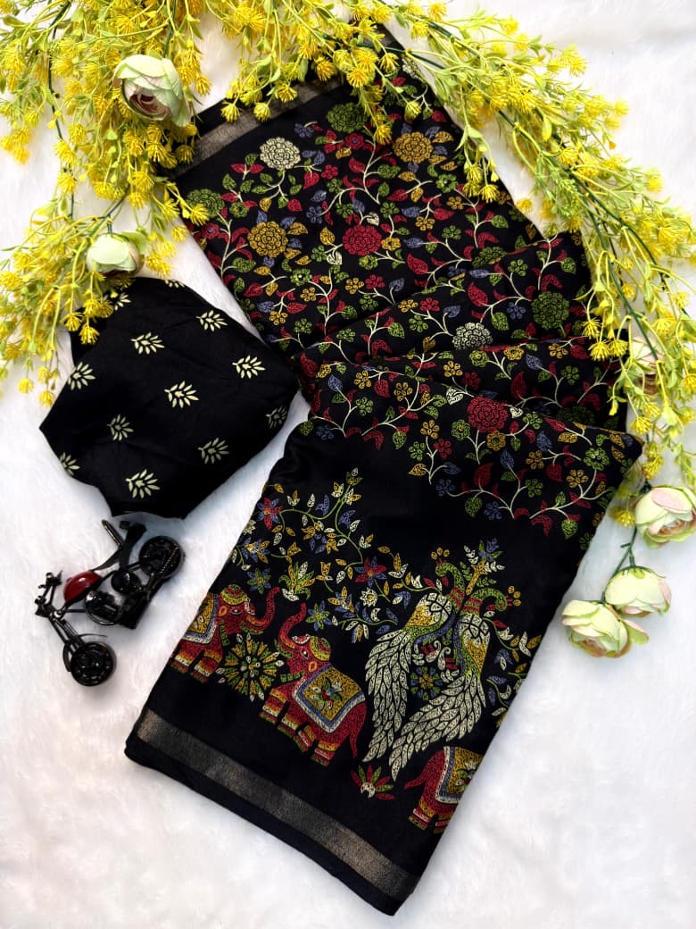 Soft Mul Mul Cotton Silk Kalamkari Saree with Zari Hamsa Border