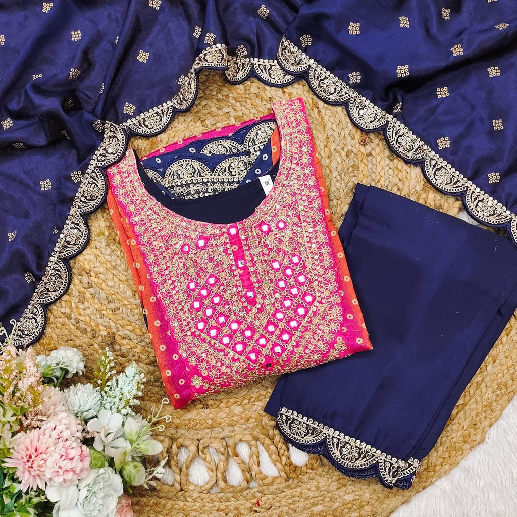 Multicolour Bandhani Print Suit Set with Mirror Work