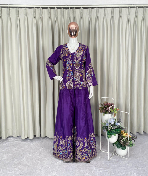 Designer Chinon 3-Piece Plazzo Set with Sequin Embroidery