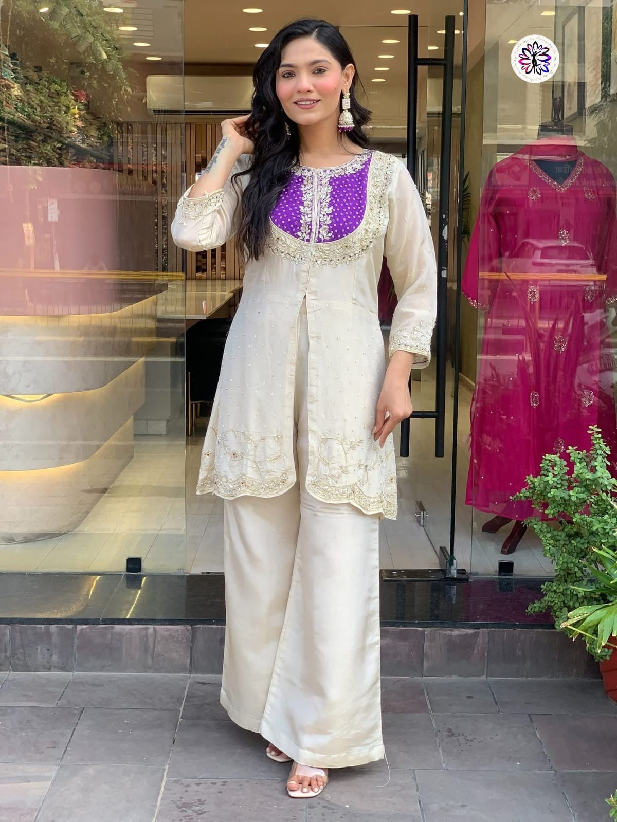 Stylish Roman Silk Top & Bottom Set