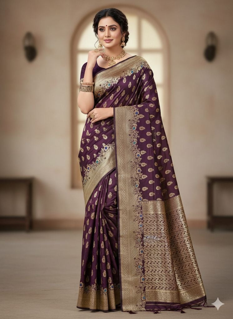 Pure Banarasi Silk Saree with Floral & Meenakari Design