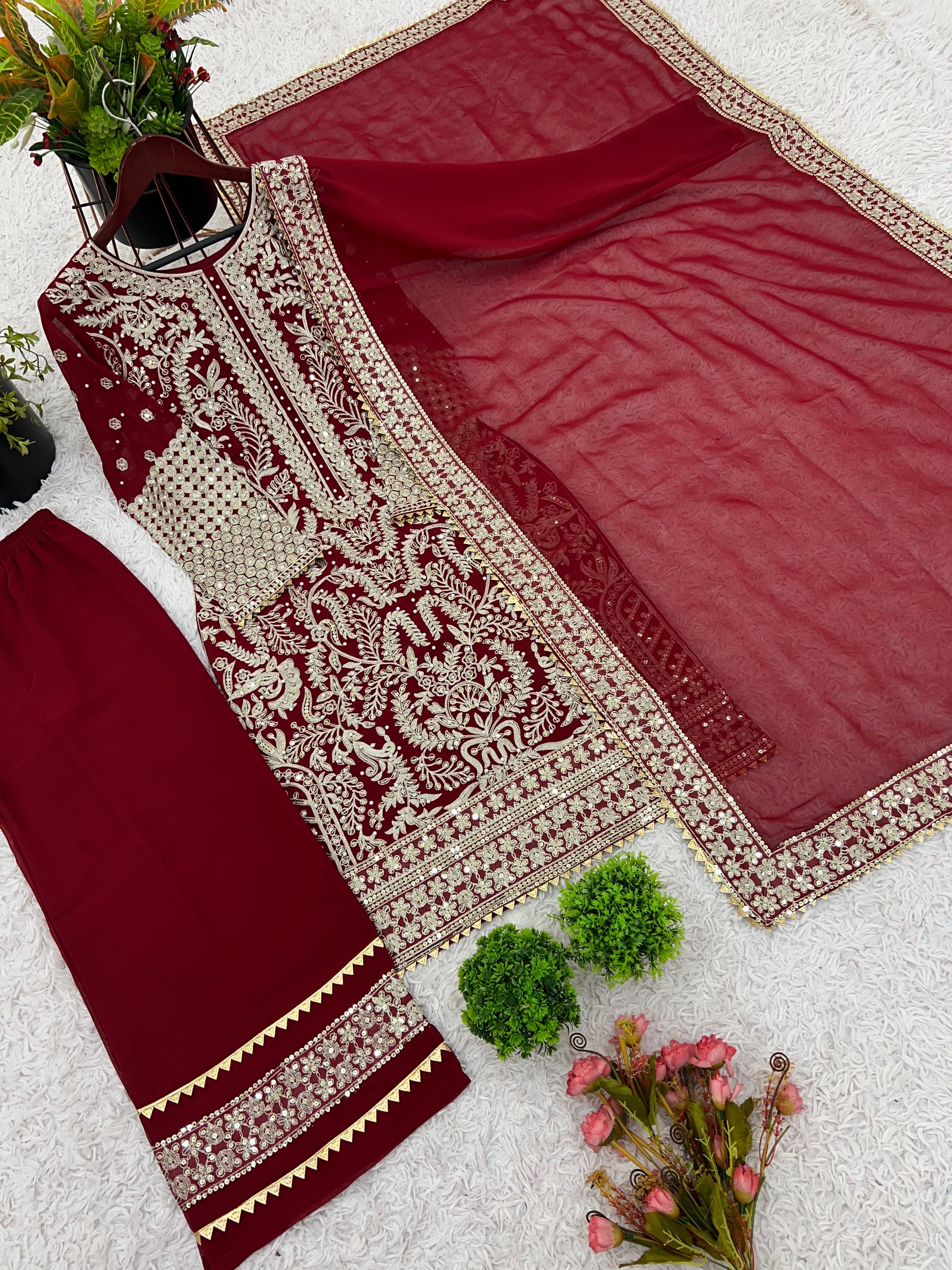 Designer Party Wear Top–Palazzo–Dupatta Set