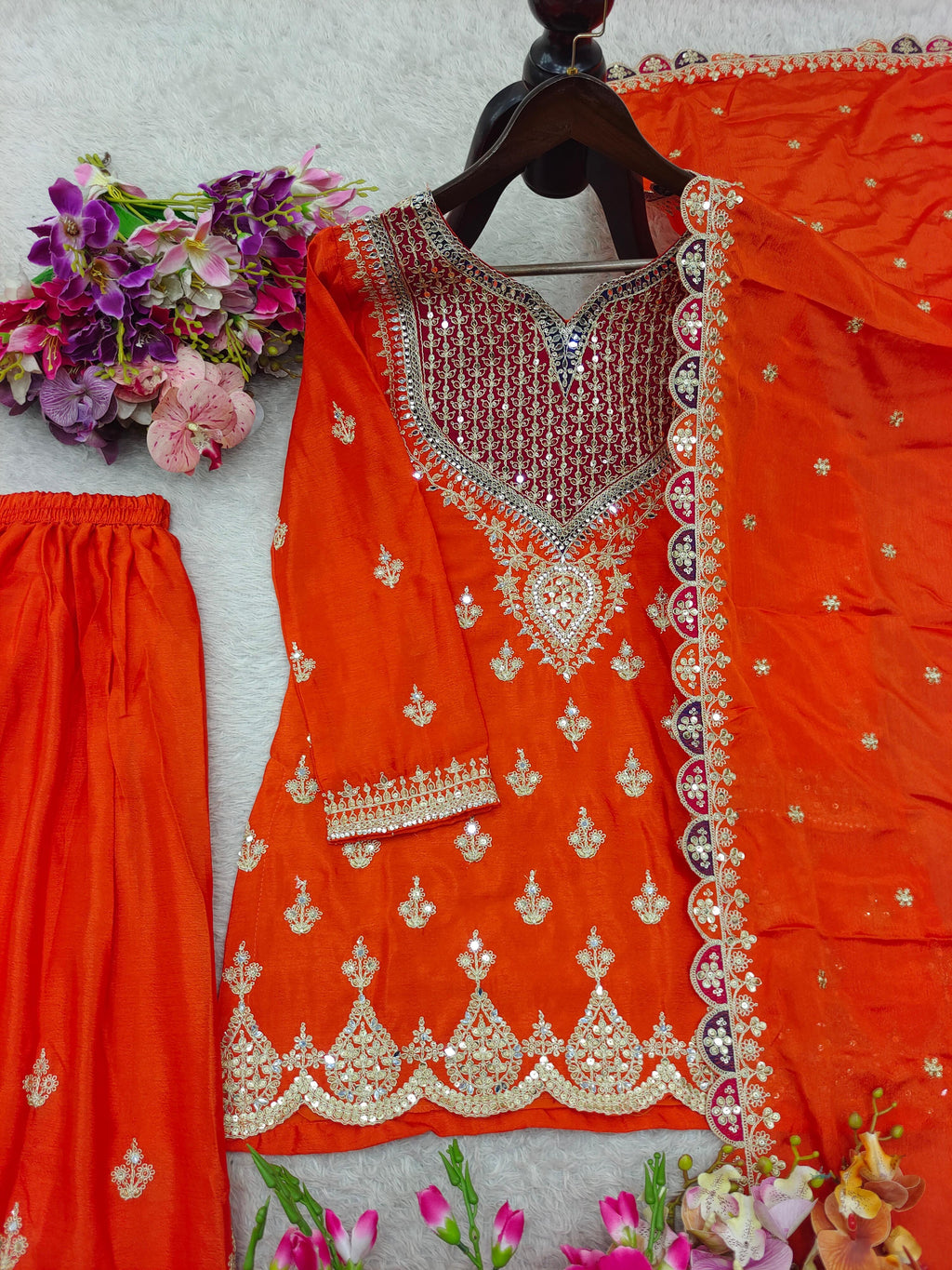 Designer Party Wear Chinon Silk Sharara Suit Set with Embroidery | Fully Stitched