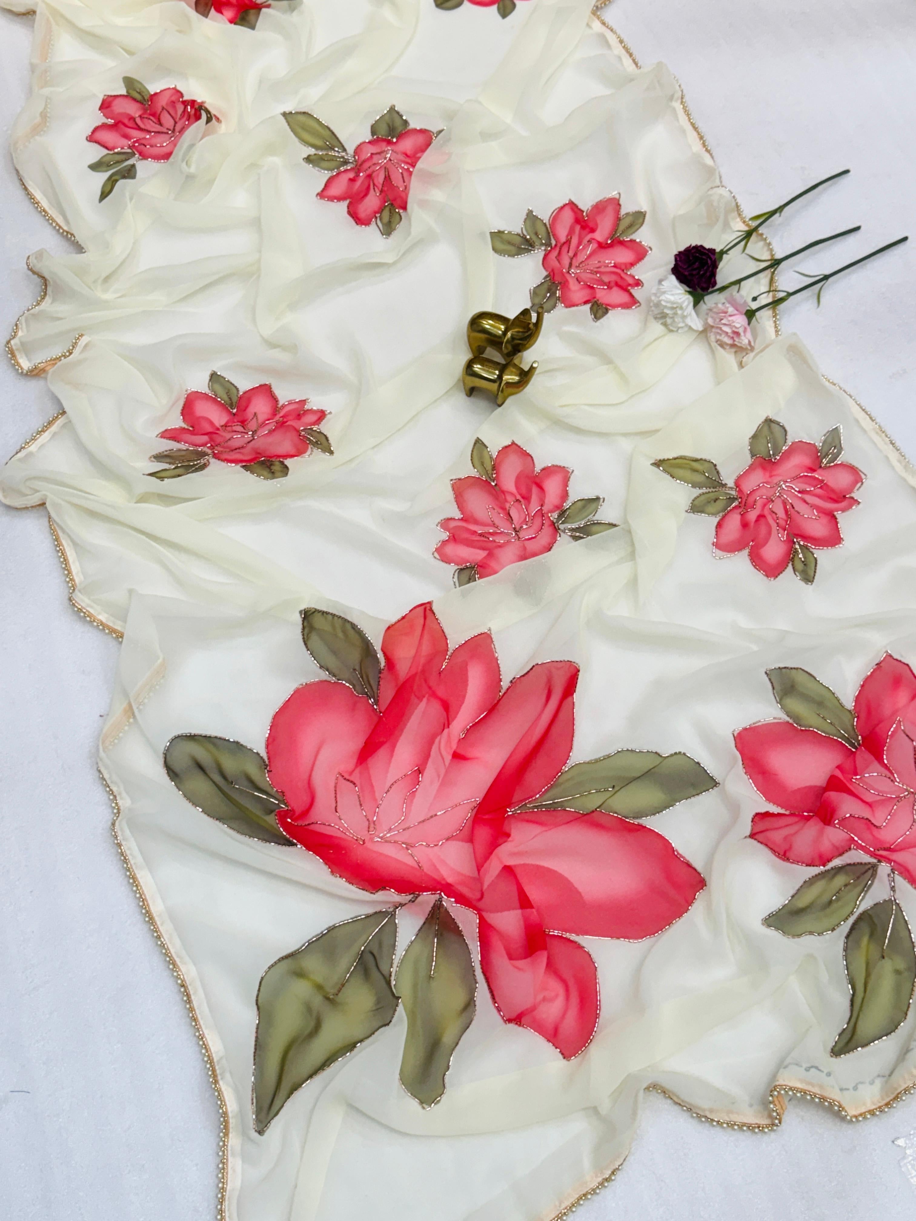 Floral Digital Print Saree with Handwork