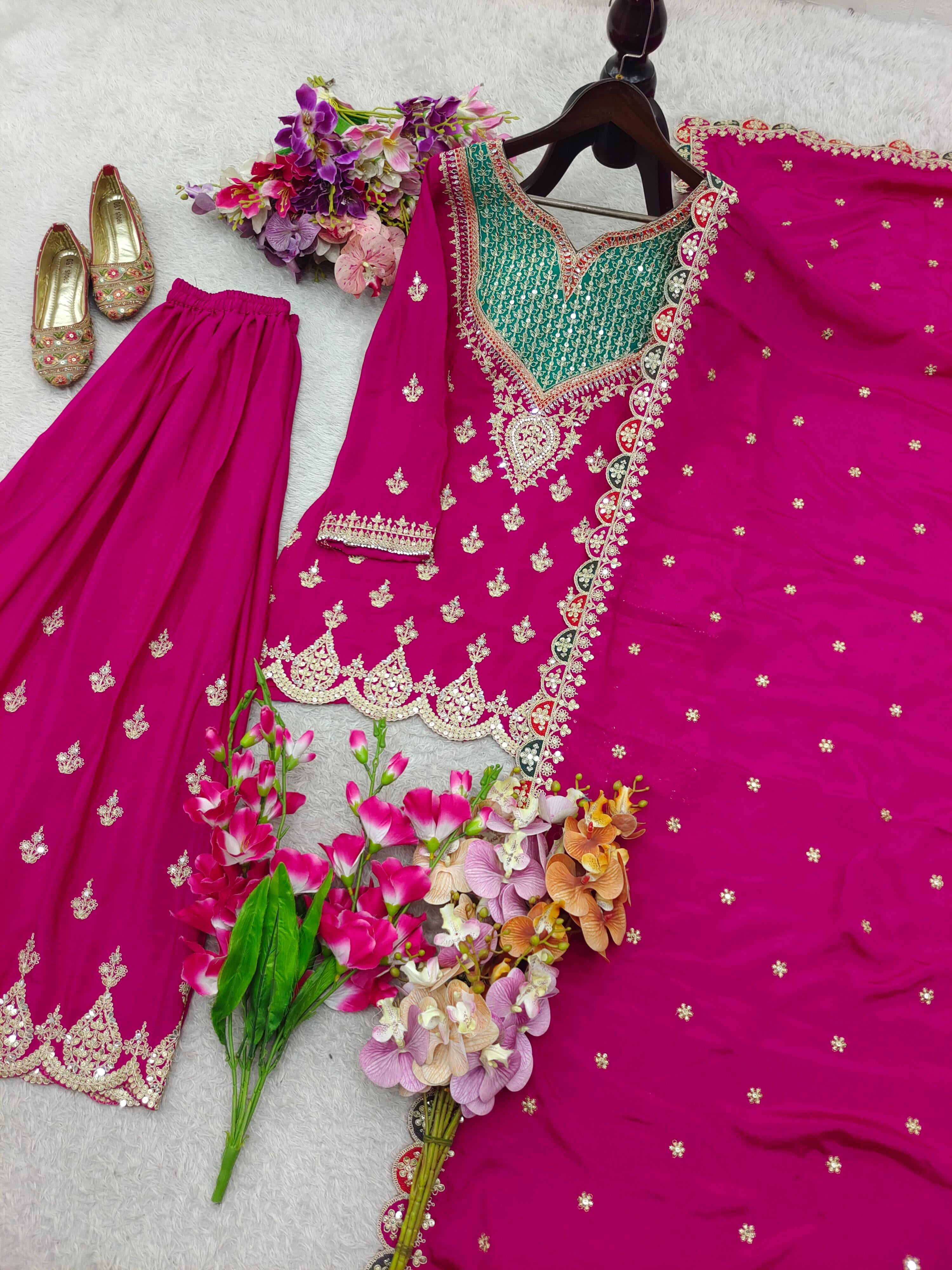 Designer Party Wear Chinon Silk Sharara Suit Set with Embroidery | Fully Stitched