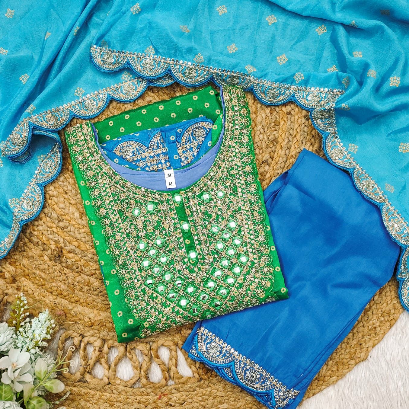 Multicolour Bandhani Print Suit Set with Mirror Work