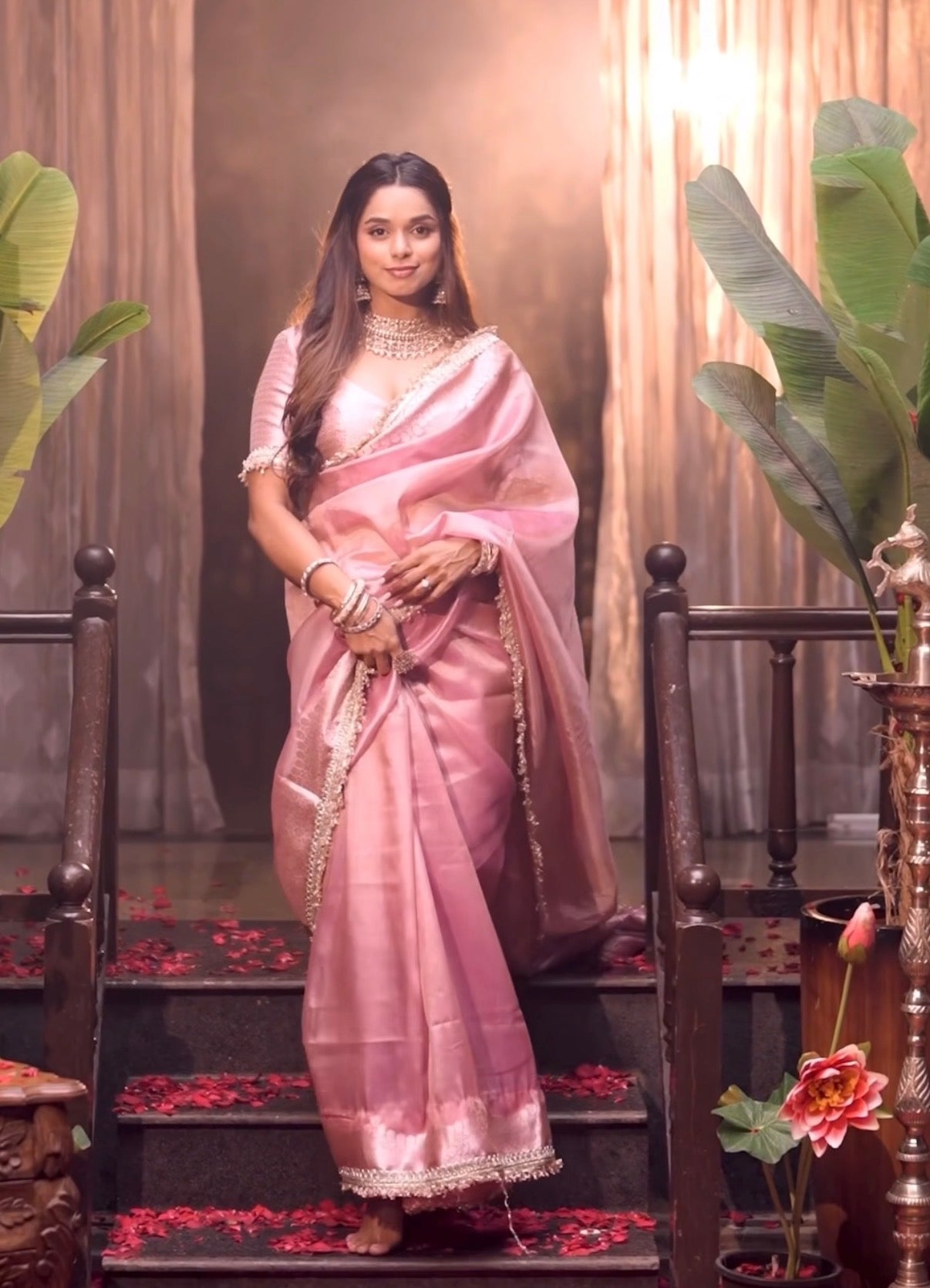 Banarasi Tissue Silk Saree with Minimal Lace – Baby Pink