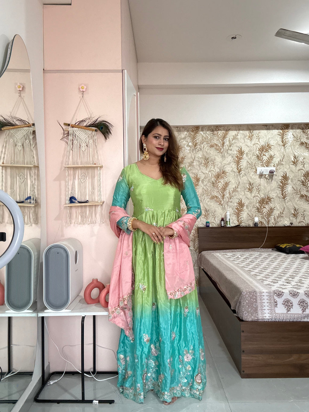 Embroidered Chinon Gown Set
