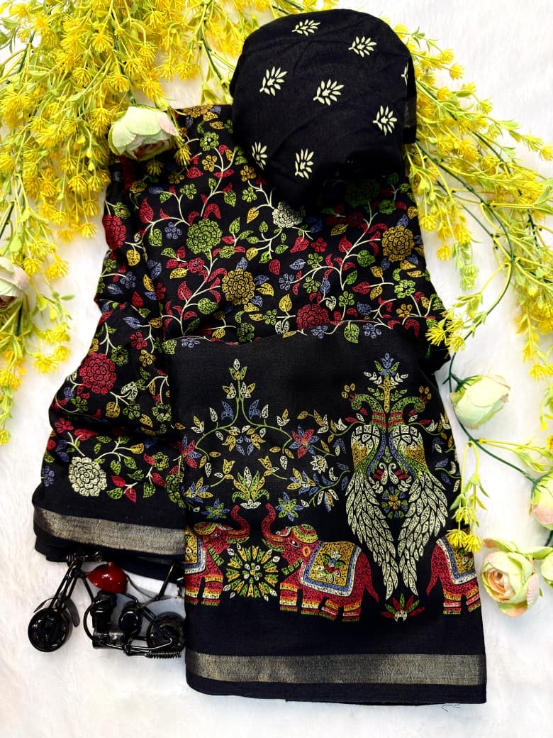 Soft Mul Mul Cotton Silk Kalamkari Saree with Zari Hamsa Border