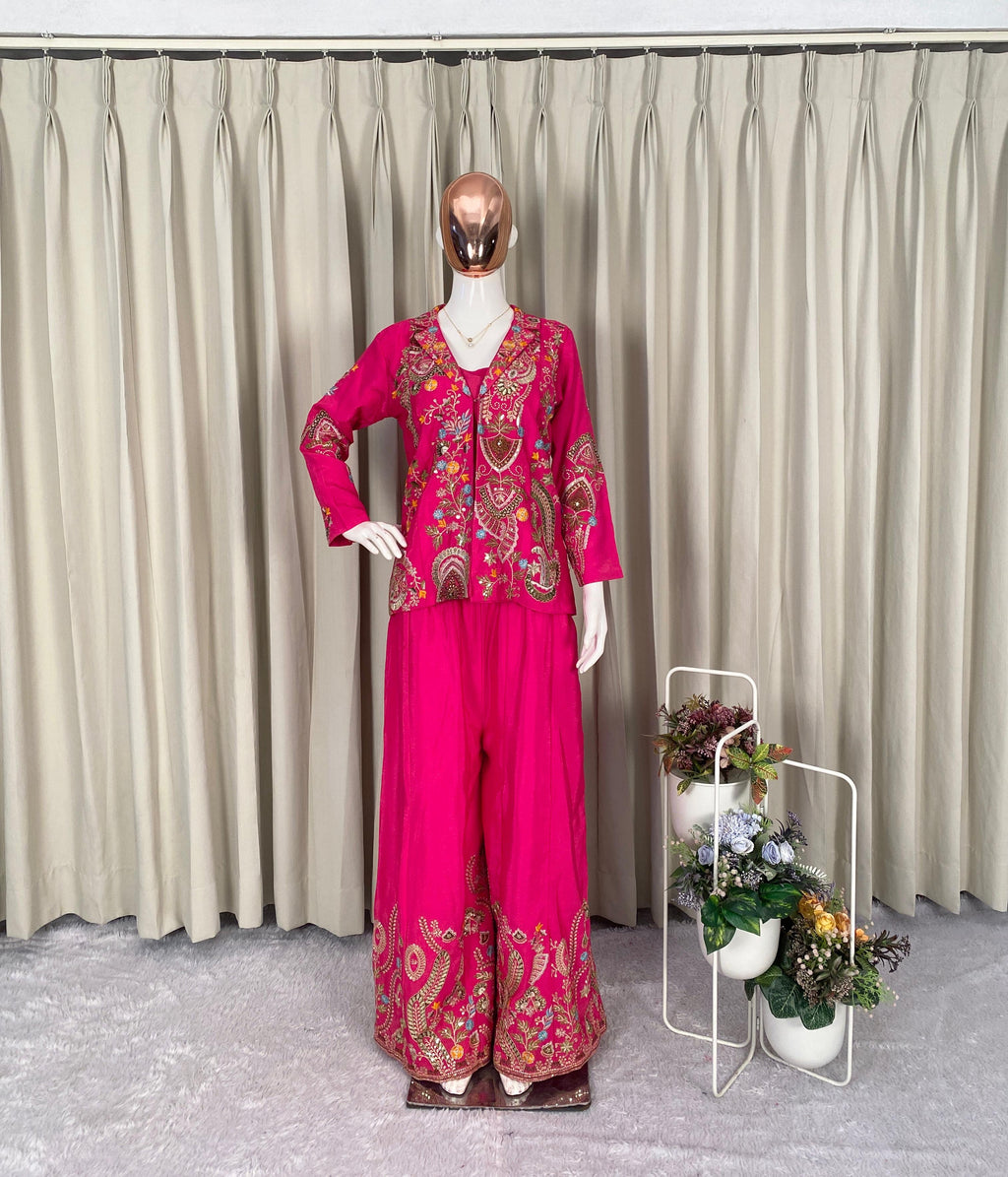 Designer Chinon 3-Piece Plazzo Set with Sequin Embroidery