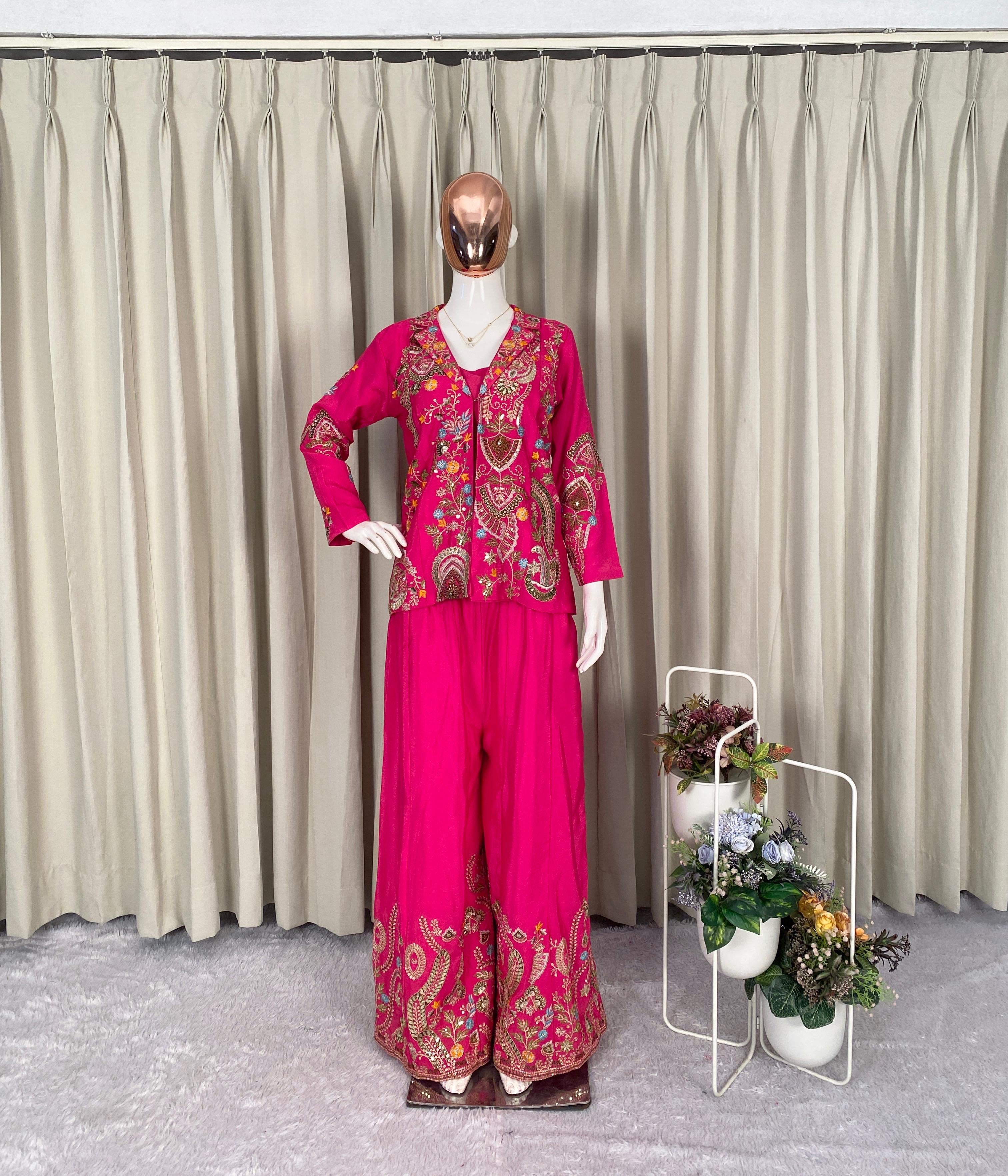 Designer Chinon 3-Piece Plazzo Set with Sequin Embroidery