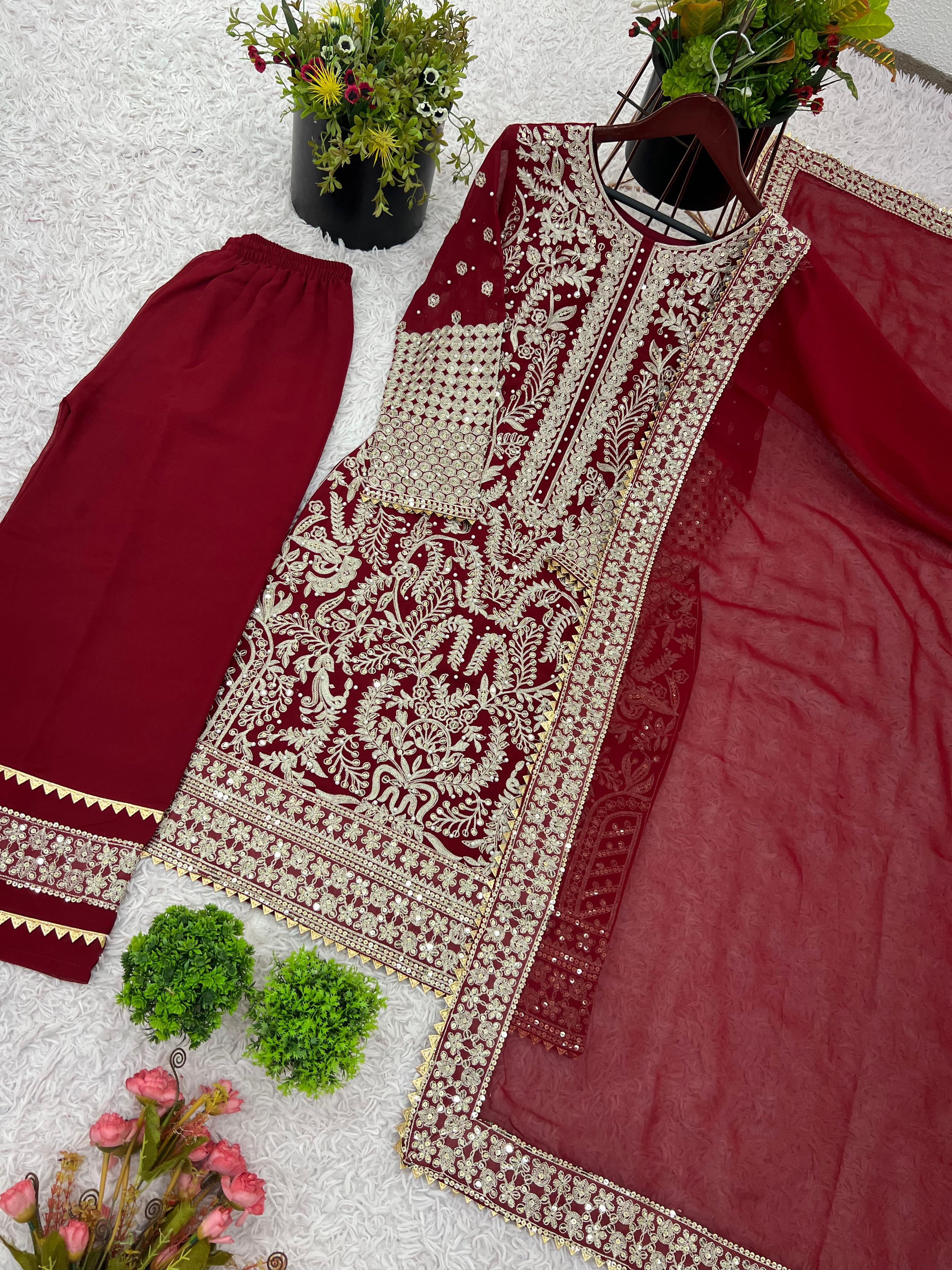 Designer Party Wear Top–Palazzo–Dupatta Set