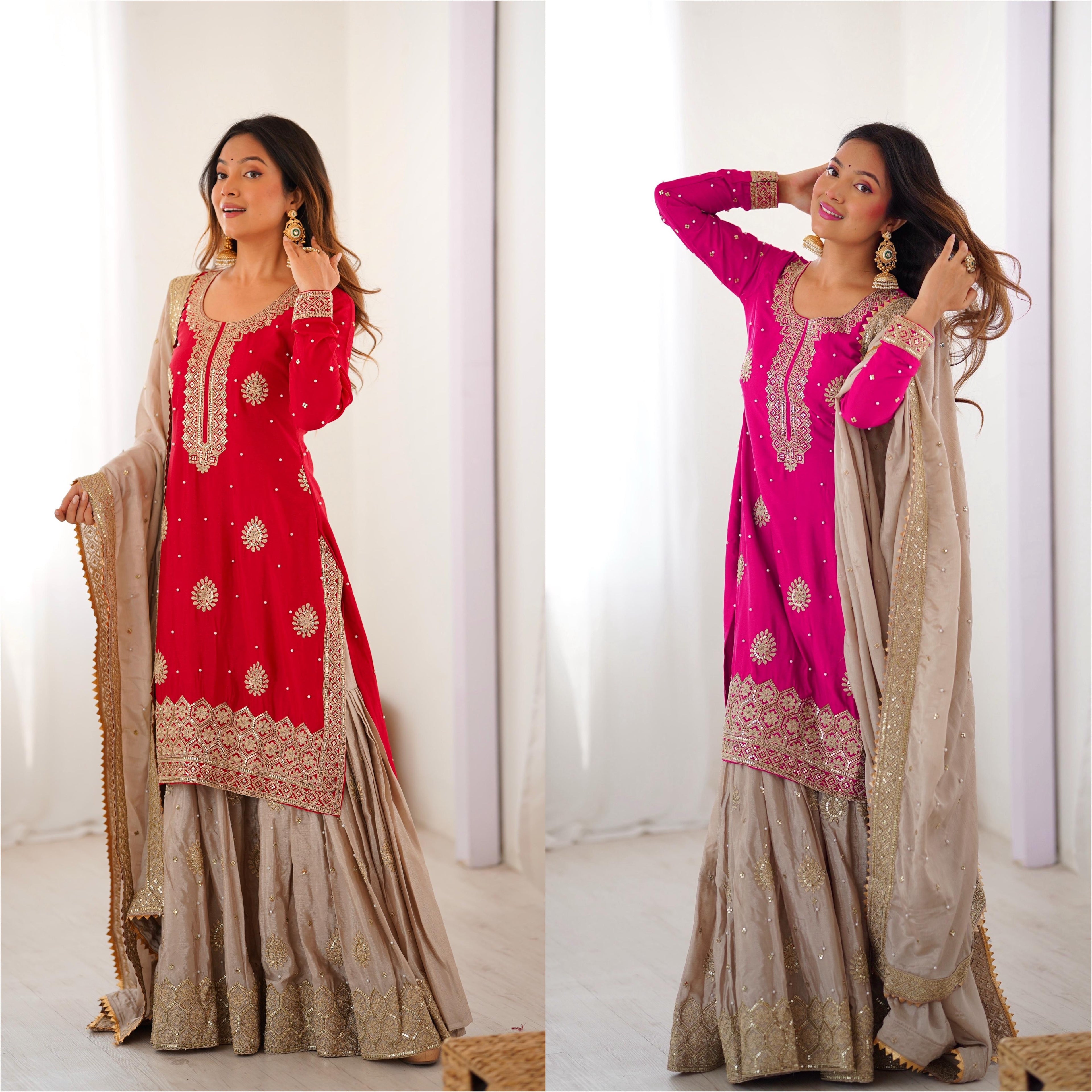 Chinon Silk Embroidered Sharara Set with Pearl & Sequin Work | 3 Piece Designer Ethnic Wear