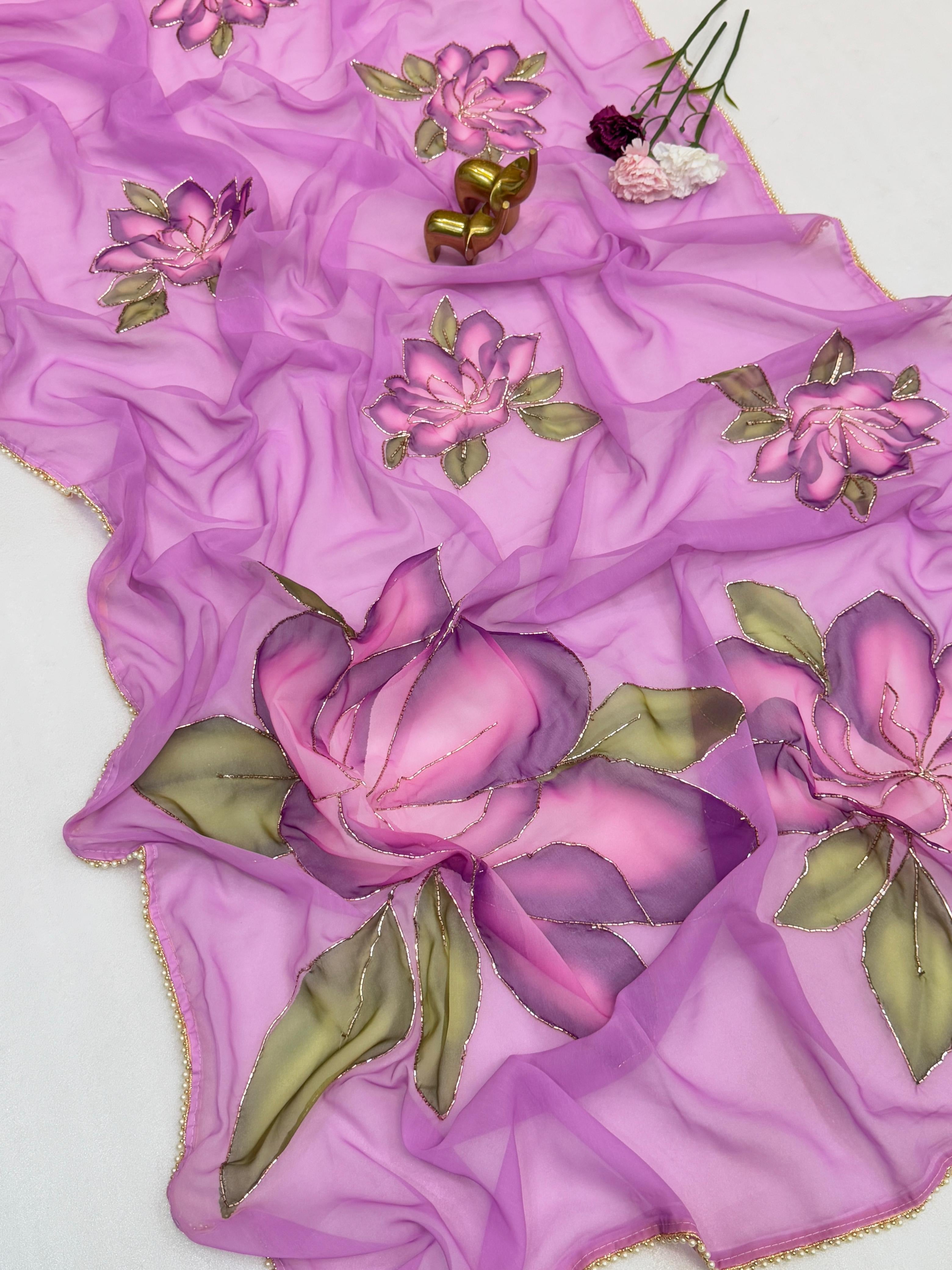 Floral Digital Print Saree with Handwork