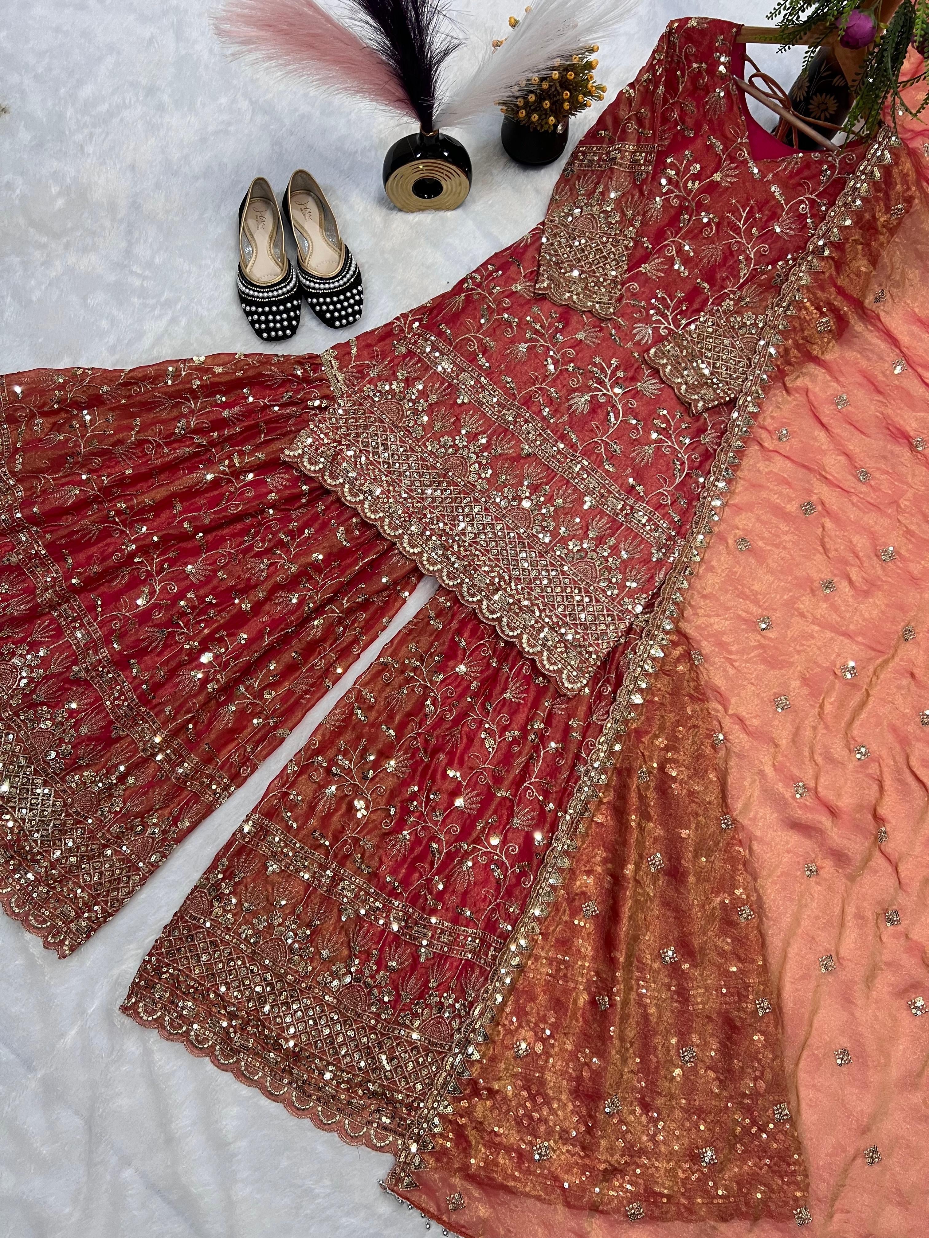 New Designer Party Wear Top, Sharara Palazzo & Dupatta Set