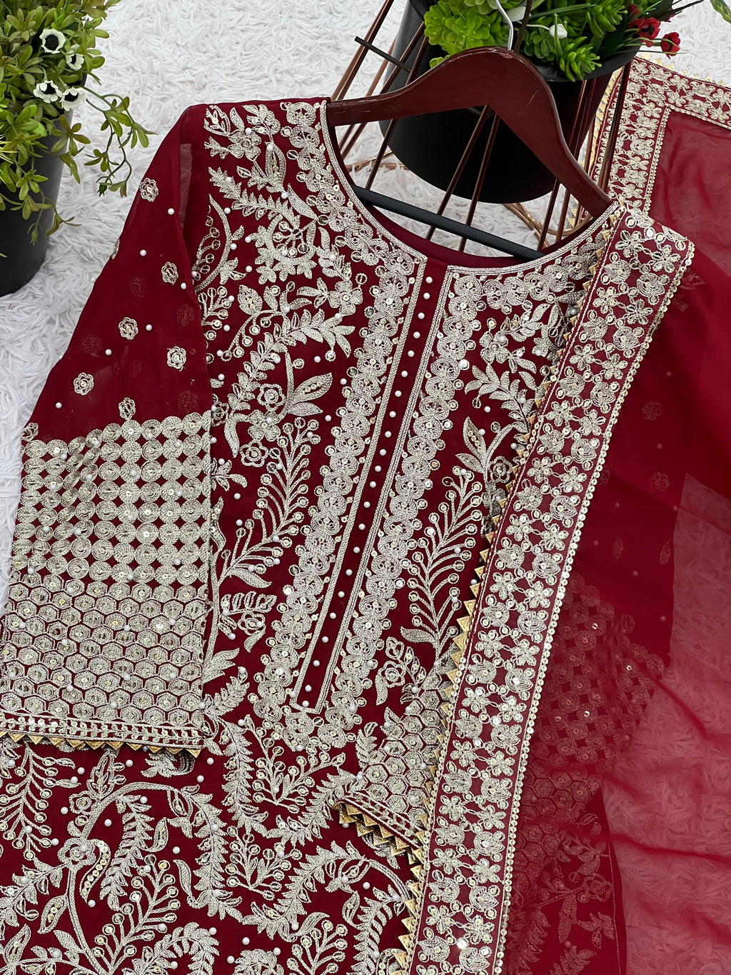 Designer Party Wear Top–Palazzo–Dupatta Set