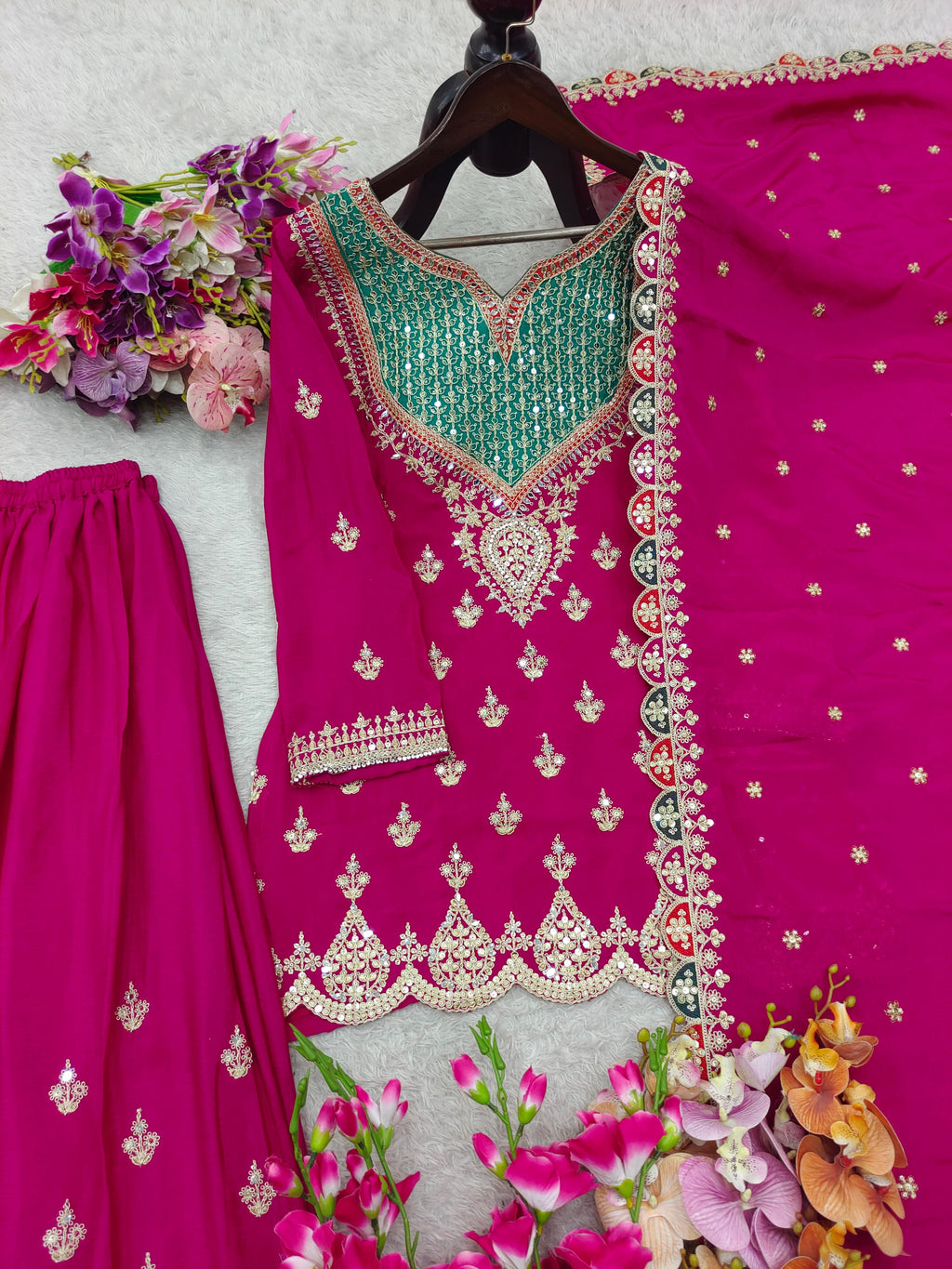 Designer Party Wear Chinon Silk Sharara Suit Set with Embroidery | Fully Stitched