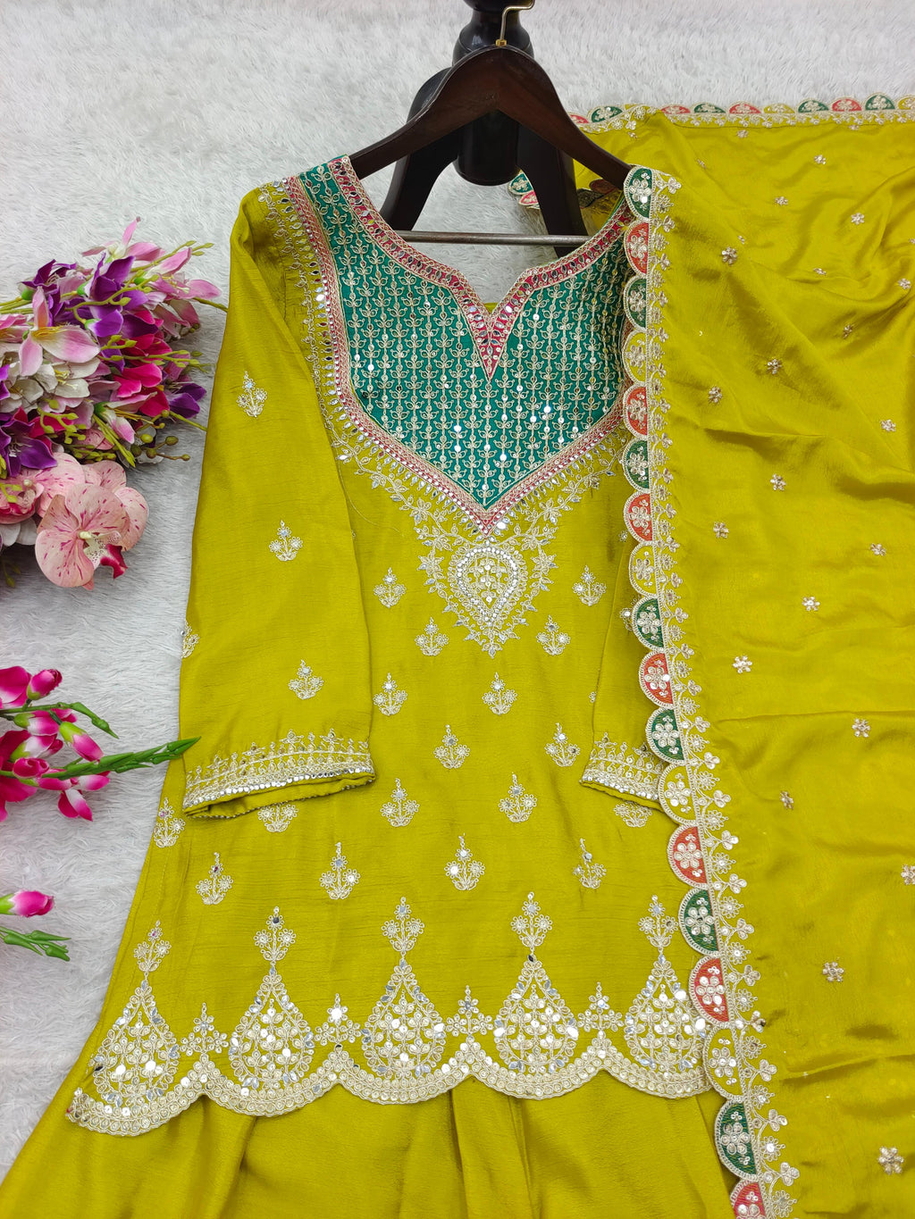 Designer Party Wear Chinon Silk Sharara Suit Set with Embroidery | Fully Stitched