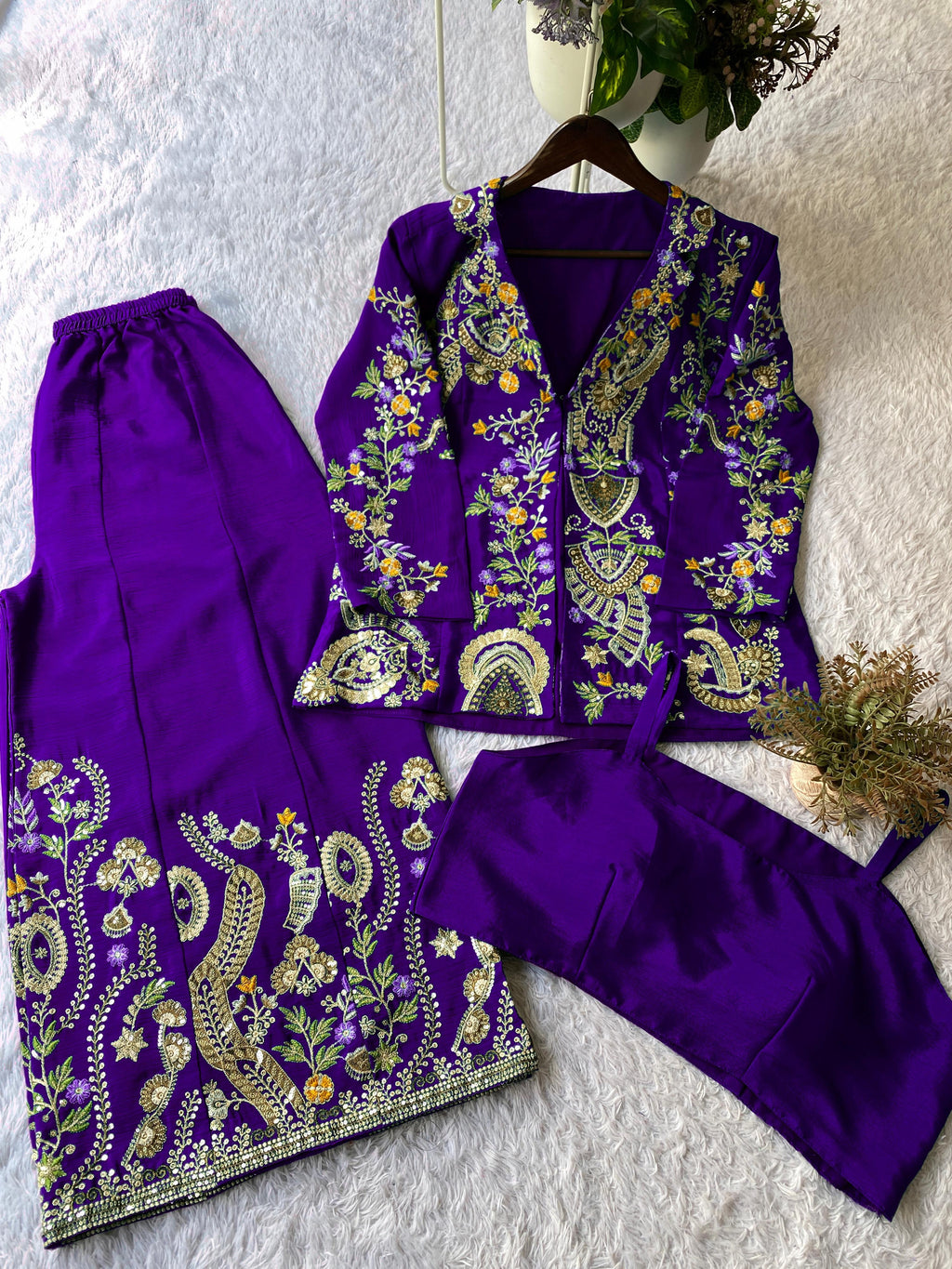 Designer Chinon 3-Piece Plazzo Set with Sequin Embroidery