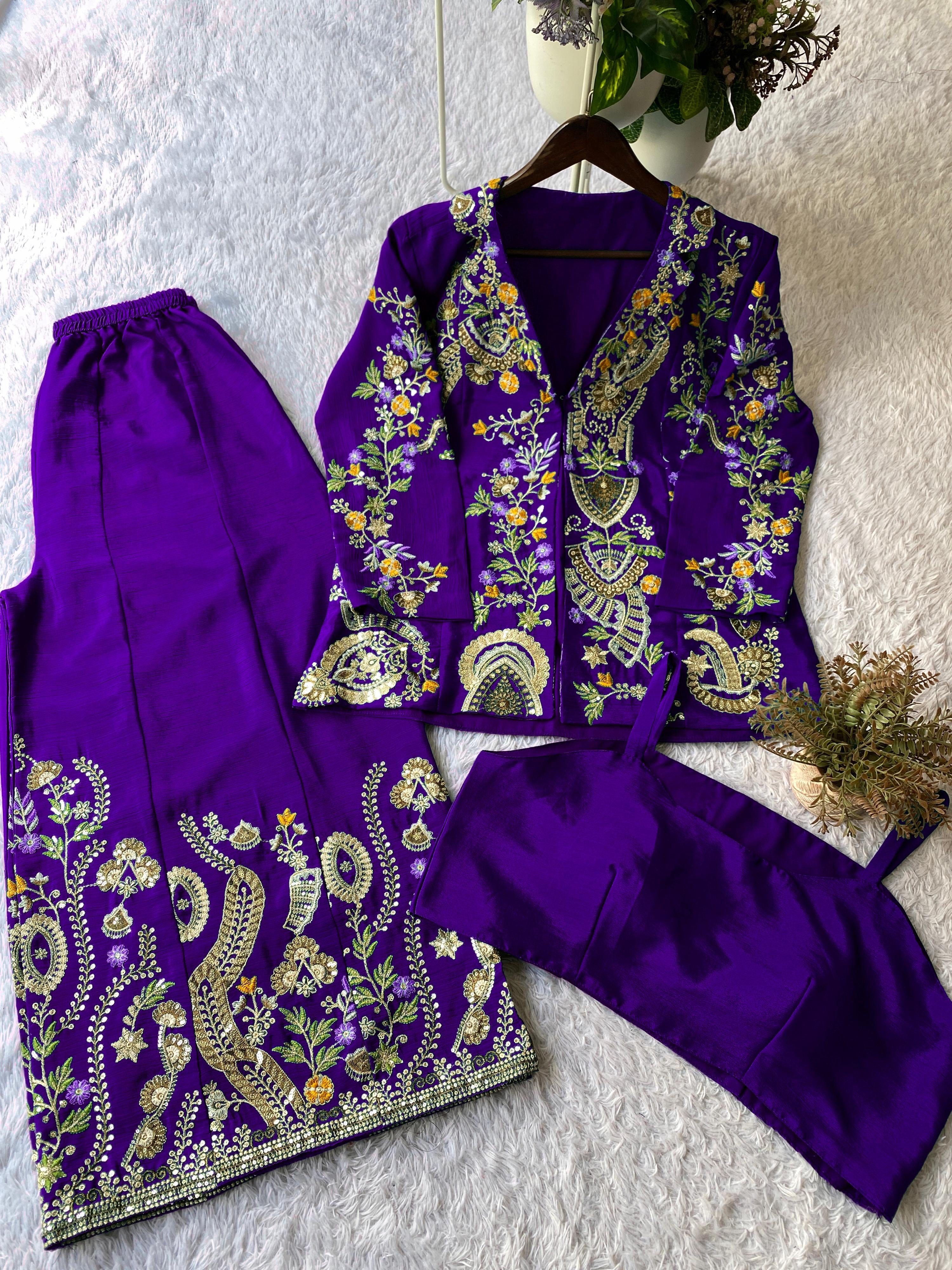 Designer Chinon 3-Piece Plazzo Set with Sequin Embroidery