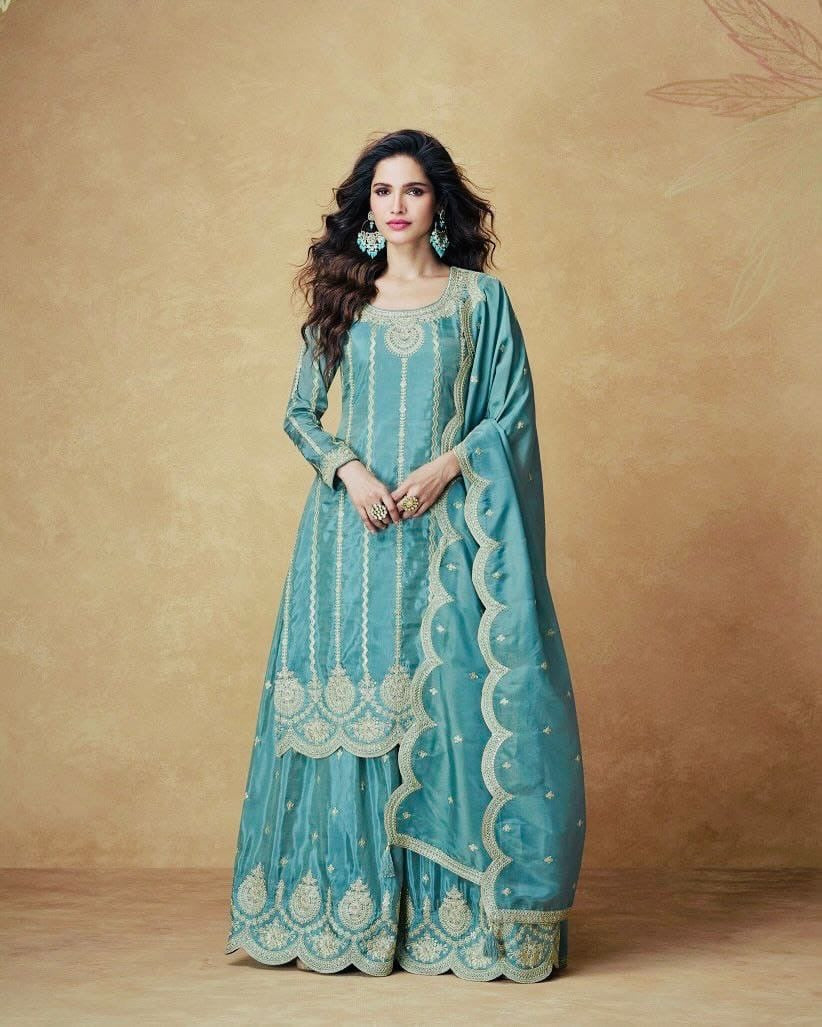 Designer Party Wear Top–Palazzo–Dupatta Set