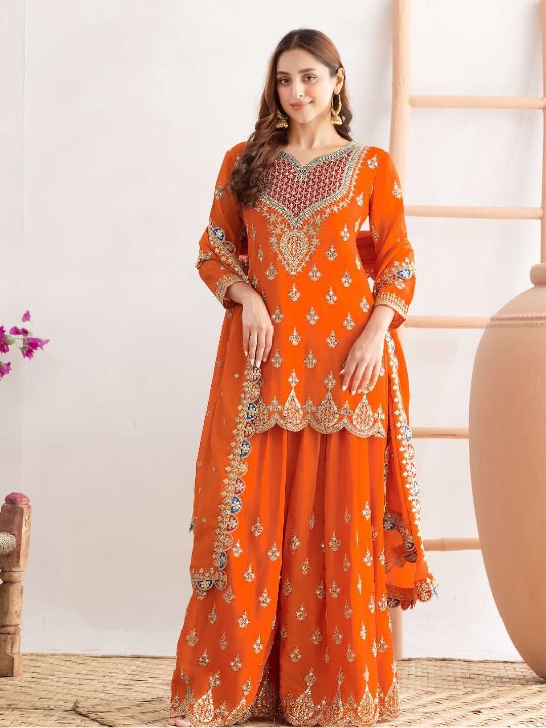 Designer Party Wear Chinon Silk Sharara Suit Set with Embroidery | Fully Stitched