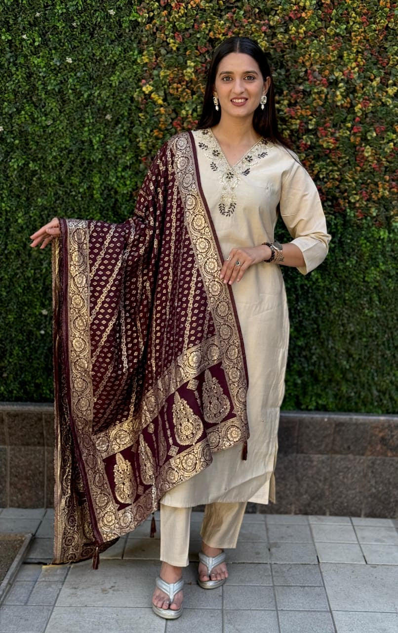 Designer Kurti Pant Dupatta Set – Premium Roman Silk