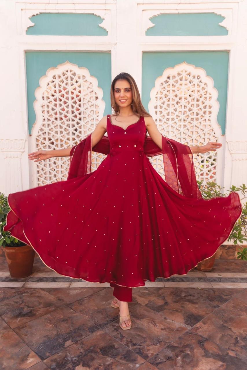 Floral Embroidered Anarkali Gown with Dupatta